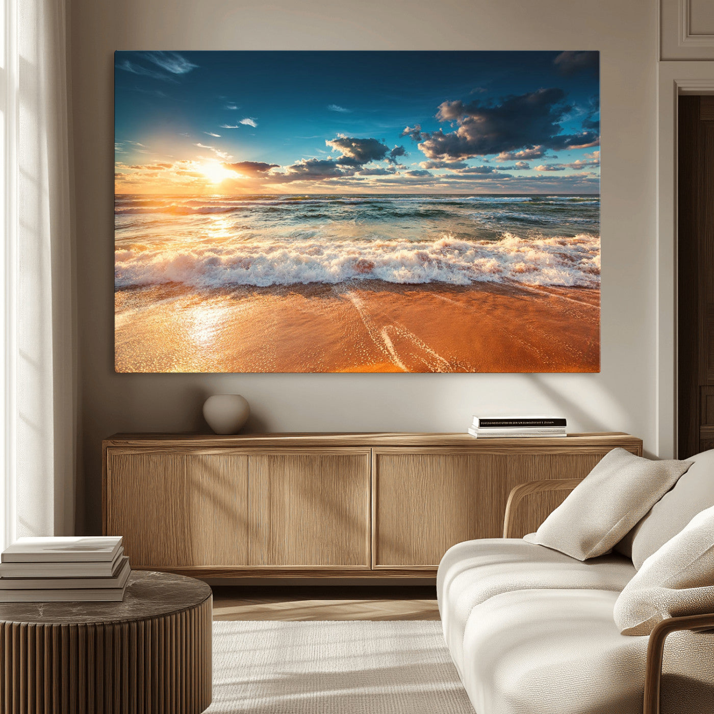 -Golden Sunset Beach Triptych Canvas Art, Giclee Coastal Wall Decor, Ocean Waves Print, Modern Beach