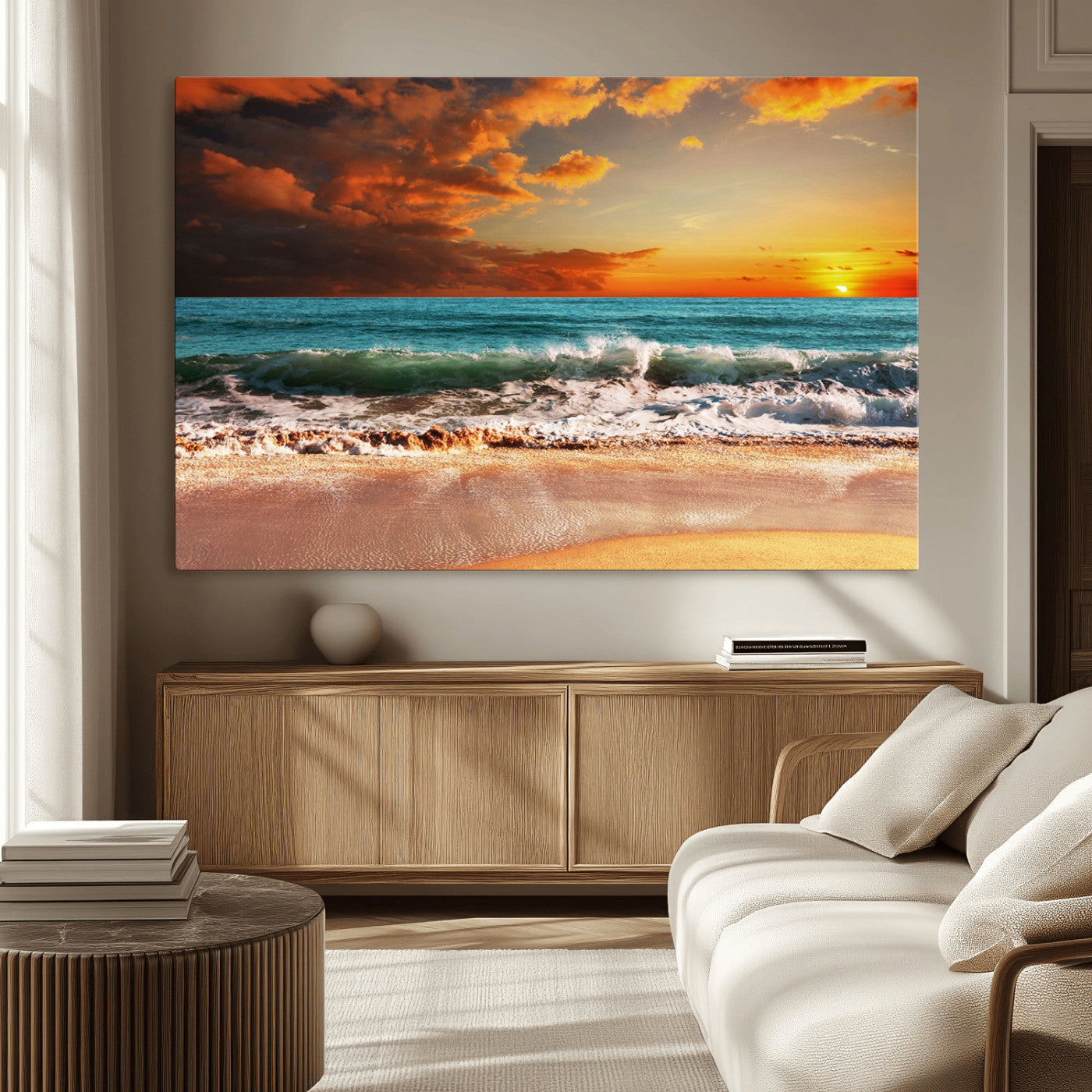 72948-MGV-CV-36X24-Golden Sunset Beach Canvas Wall Art – Triptych Seascape Print – Framed and Ready to Hang for Living