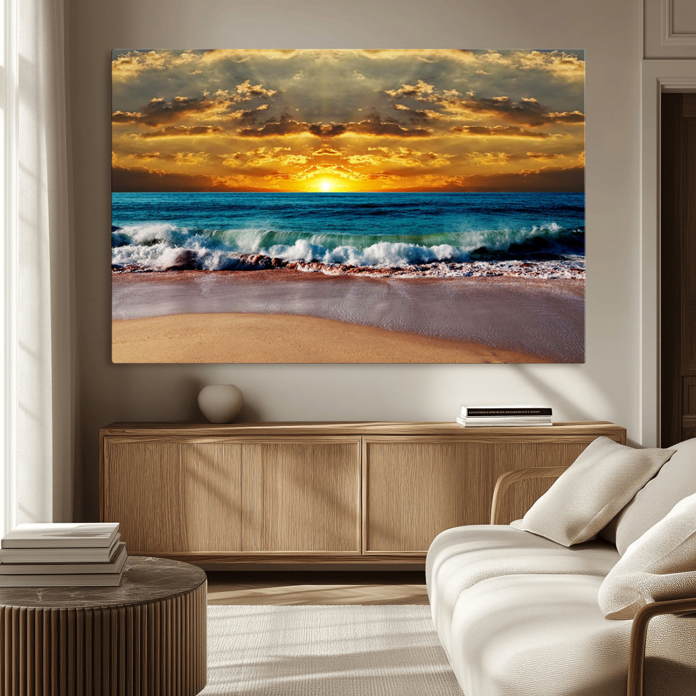 83389-MGV-CV-36X24-Ocean Sunrise Over Golden Beach Waves, Giclee Canvas Wall Art Set, High-Quality Stretched Canvas