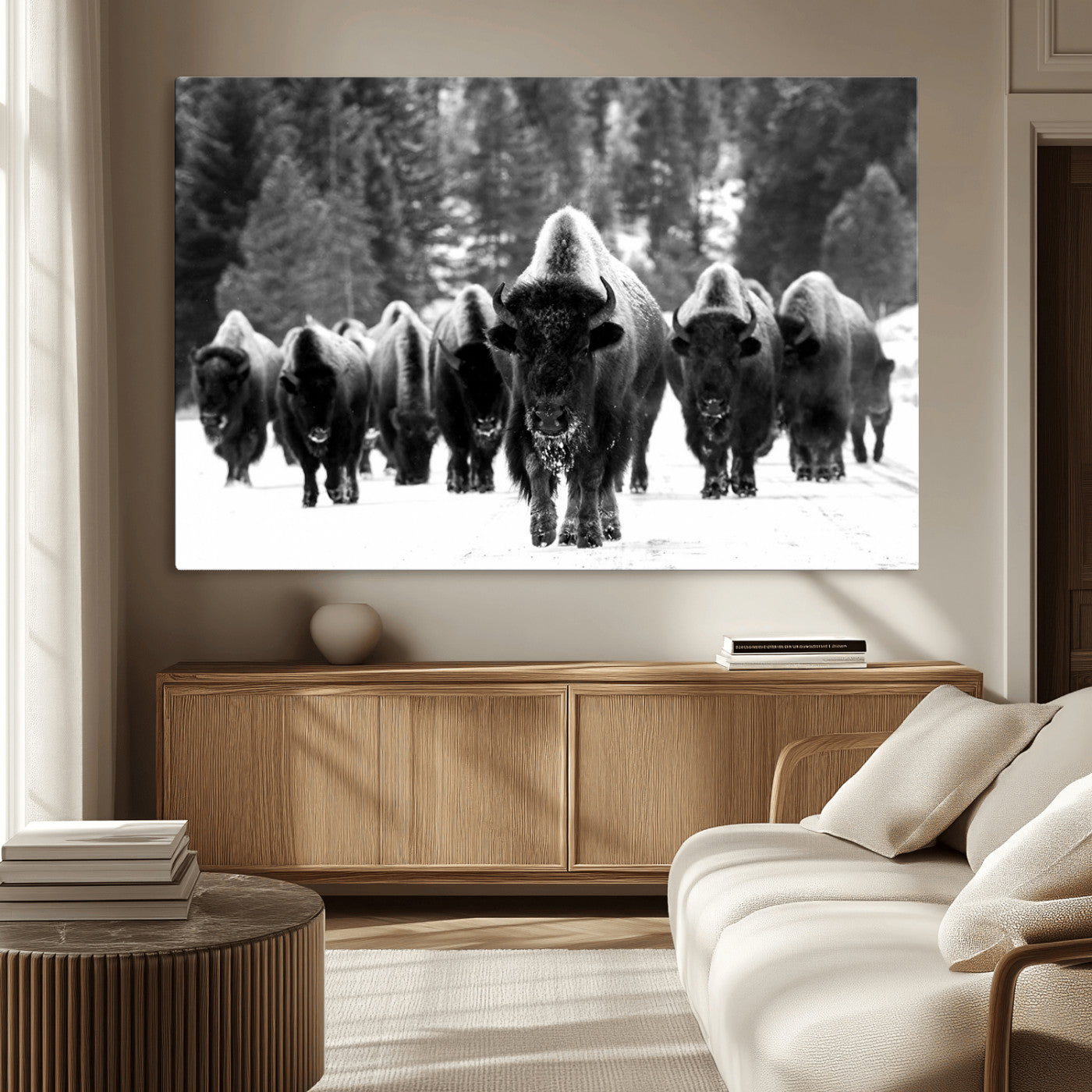 62434-MGV-CV-36X24-Bison Herd in Snow Wall Art Canvas Print | Rustic Western Bison Wall Art for Decor for Living Room,