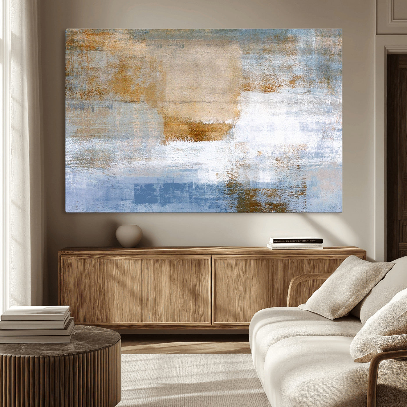 72354-MGV-CV-36X24-Blue Multi Panel Abstract Wall Art Canvas, Abstract Blue and Gold Canvas Print