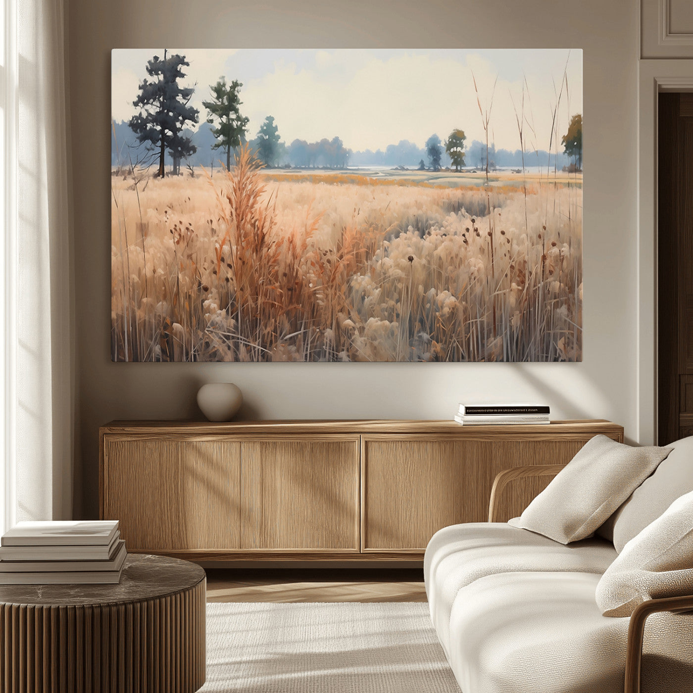 98822-MGV-CV-36X24-Golden Fields Canvas Wall Art Print – Serene Landscape of Nature’s Tranquility in Minimalist Modern
