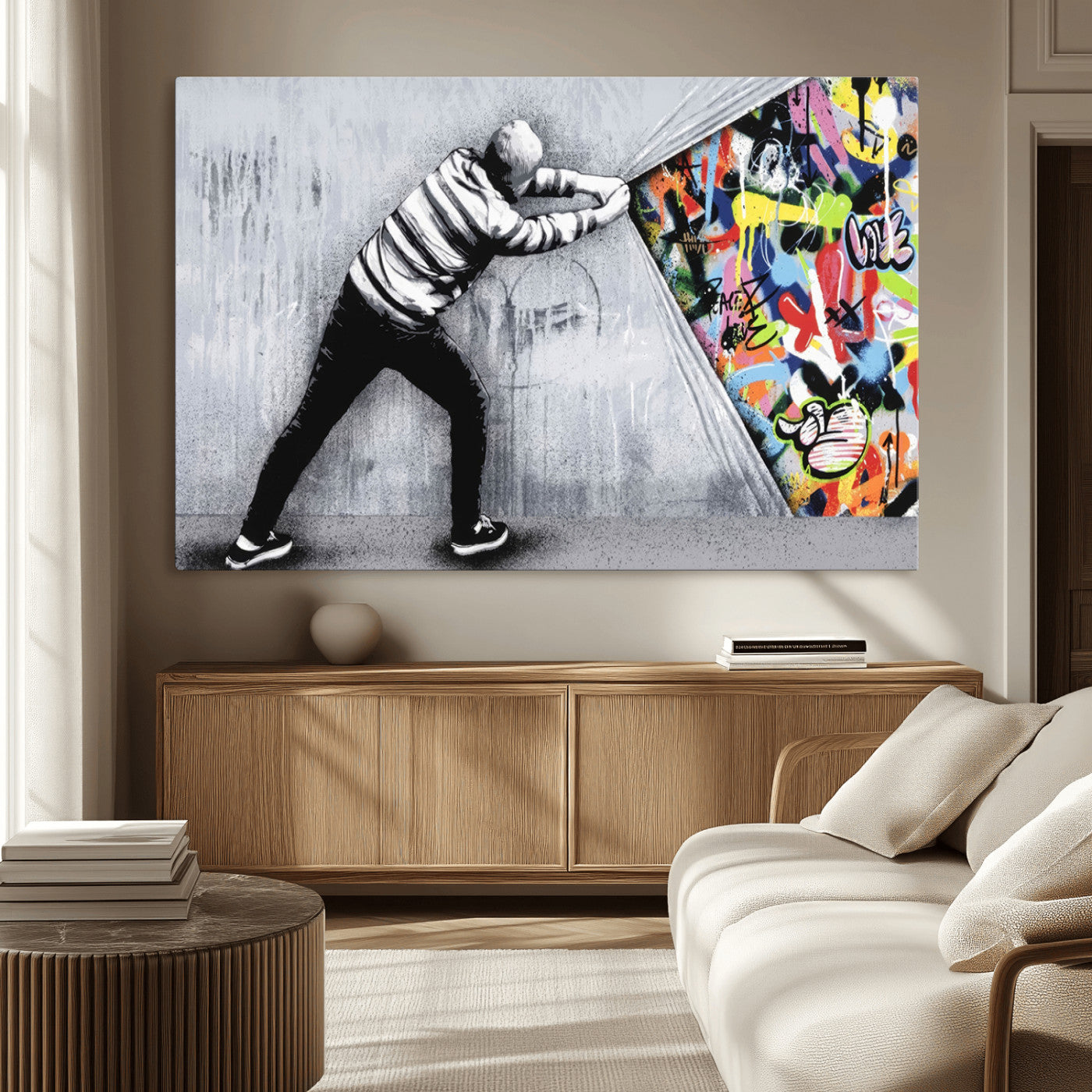 52252-MGV-CV-36X24-Banksy Art Behind the Curtain Street Wall Art Canvas Print | 3-Panel Urban Graffiti-Inspired Wall