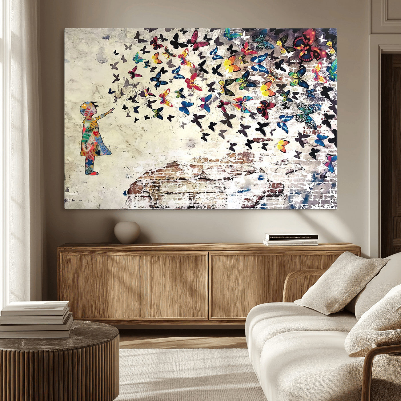 65208-MGV-CV-36X24-Banksy Wall Art - Banksy Girl Butterfly Graffiti Wall Art Canvas Print - Butterfly Girl and Freedom