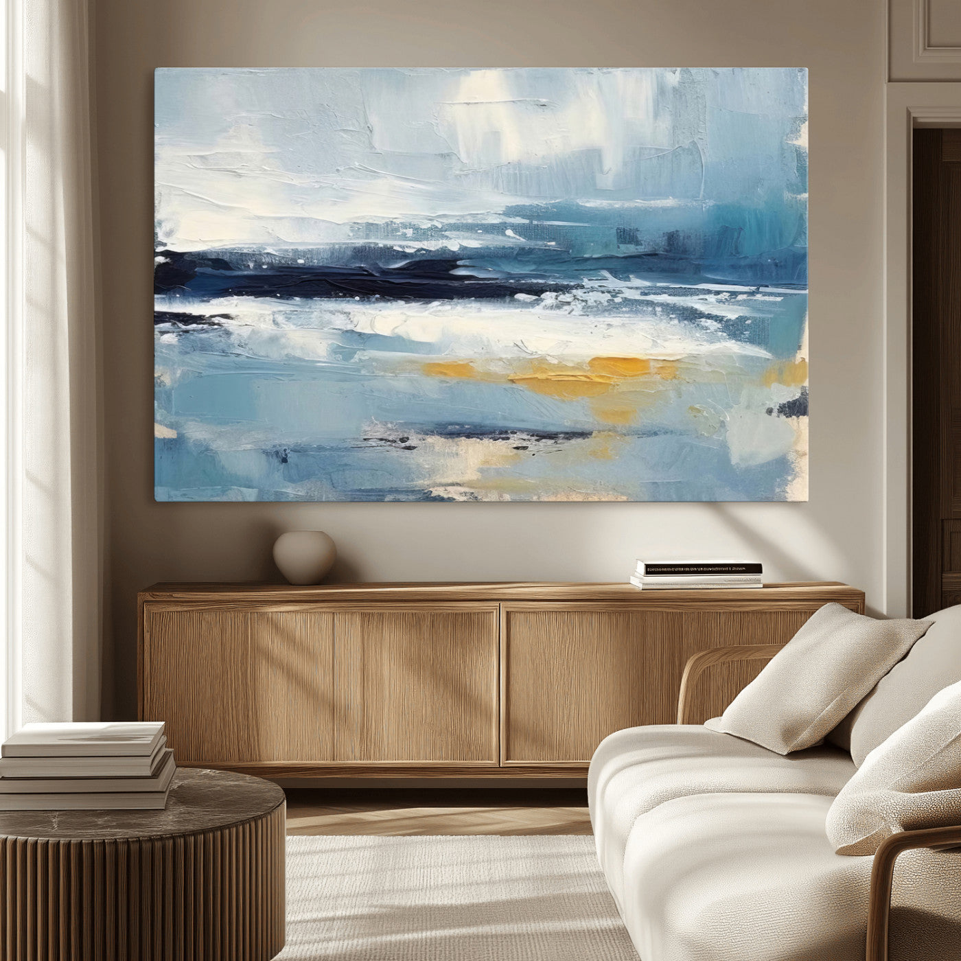 19746-MGV-CV-36X24-Abstract Ocean Canvas Wall Art - Coastal Blue and Gold Textured Painting, Modern Seascape Decor for