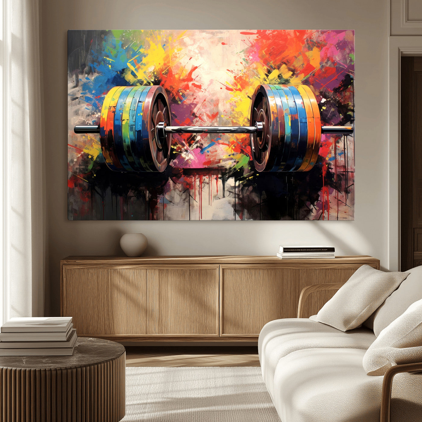 80436-MGV-CV-36X24-Weightlifting Barbell Art Triptych, Bold Abstract Fitness Wall Decor for Gym or Home, Giclee Canvas