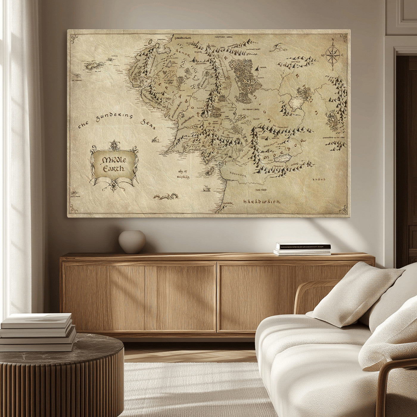 21784-MGV-CV-36X24-Vintage Middle Earth Map Wall Art Canvas – Lord of the Rings Inspired Framed Map Print, Classic Fantasy Decor for Home, Office