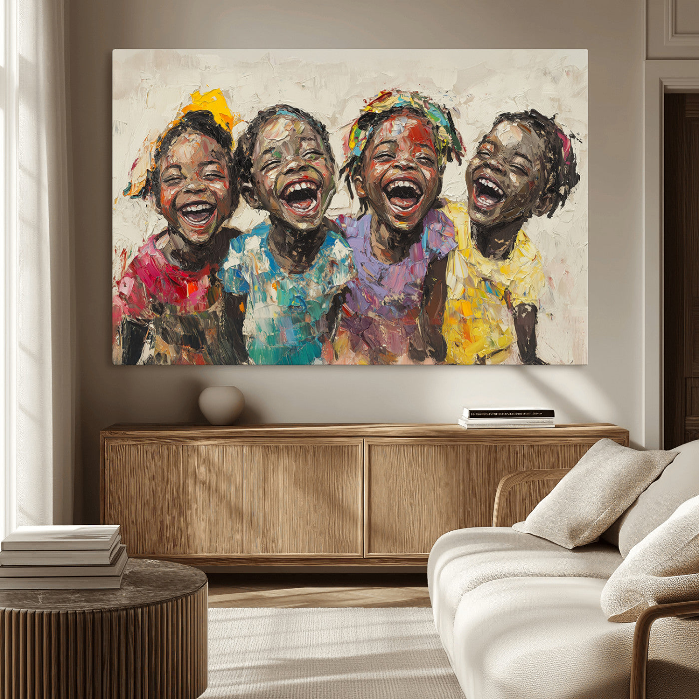 93034-MGV-CV-36X24-Shai Yossef style Joyful Childhood Canvas Wall Art - Expressive Impasto Painting of Black Children