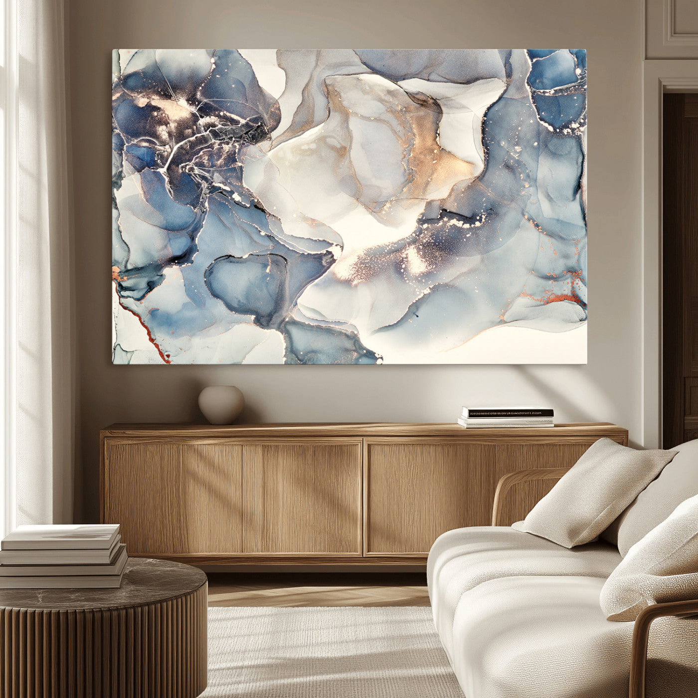 51497-MGV-CV-36X24-Abstract Blue and Gold Canvas Wall Art - Fluid Modern Ink Artwork - Modern Luxury Wall Decor for