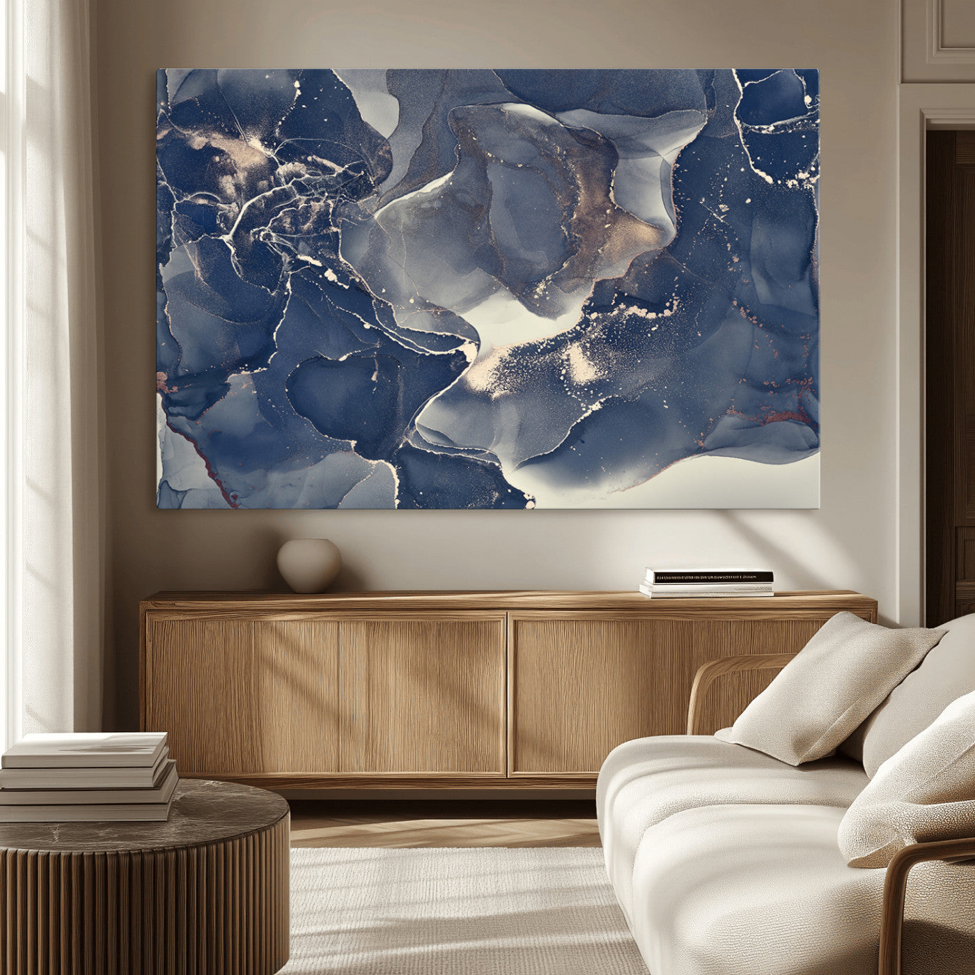 28282-MGV-CV-36X24-Large Abstract Blue and Gold Canvas Wall Art | Fluid Ink Artwork Print | Luxury Wall Decor for