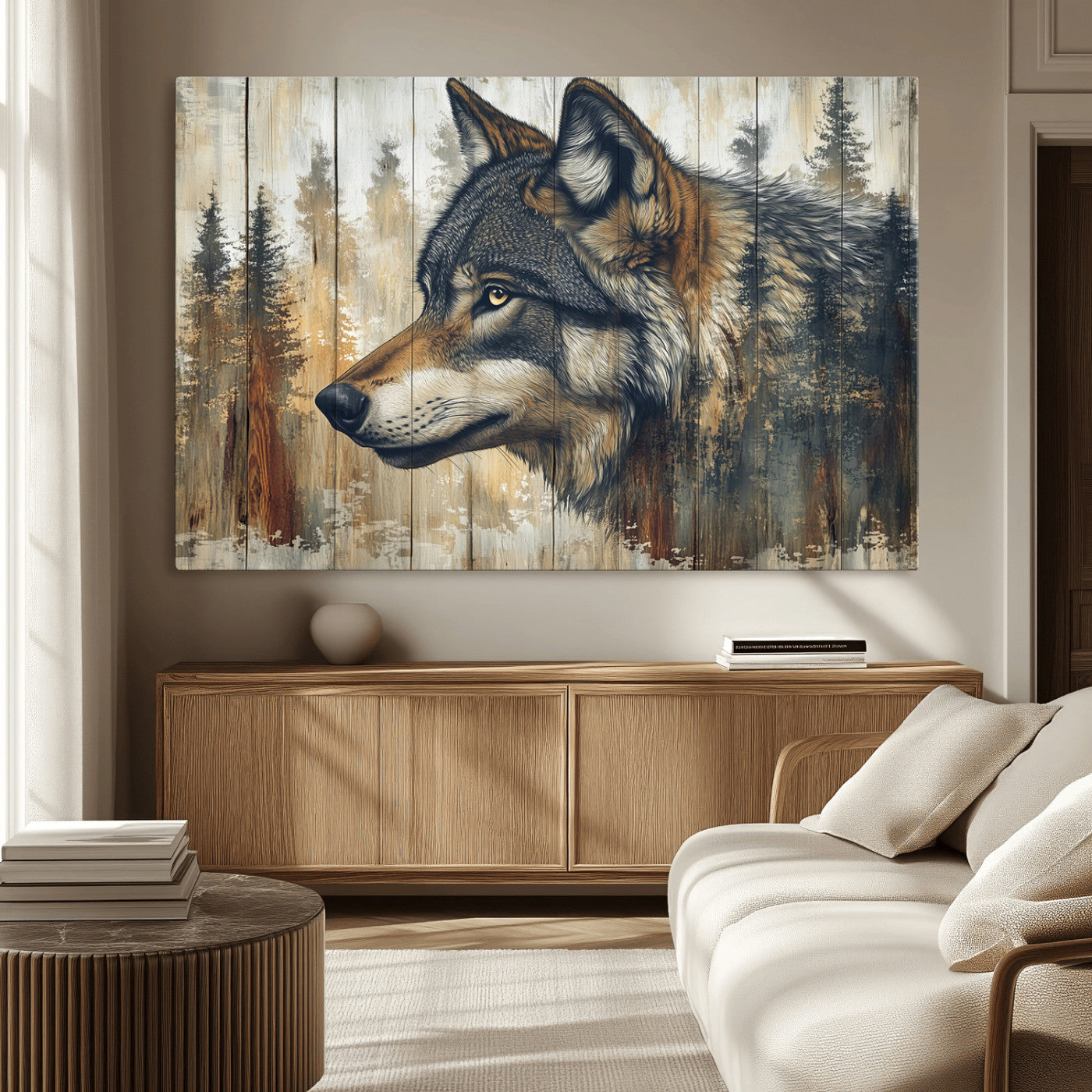 91882-MGV-CV-36X24-Rustic Wolf Wall Art Canvas Print, Vintage Woodland Wolf Wall Art