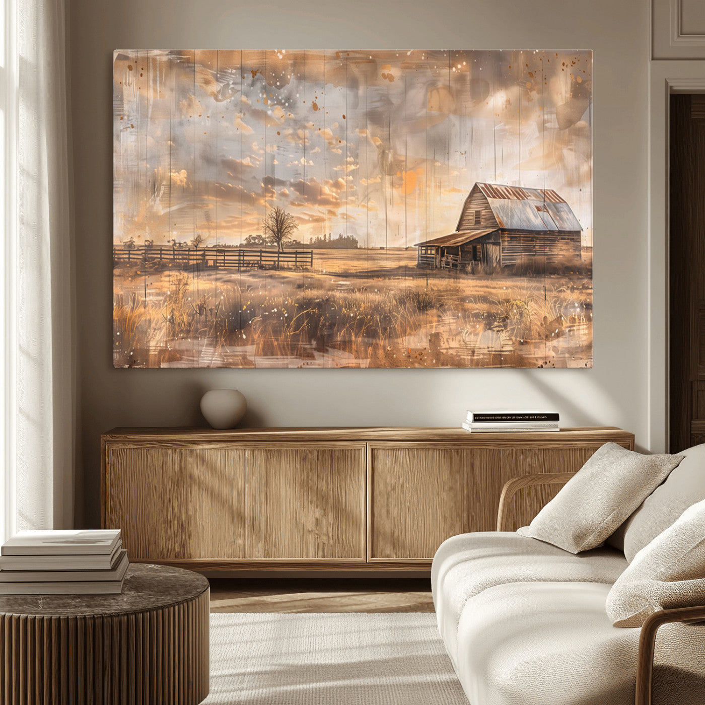 FARM2-MGV-CV-36X24-Rustic Farmhouse Wall Art Canvas Print | Barn and Field Canvas Print | Vintage Country Landscape