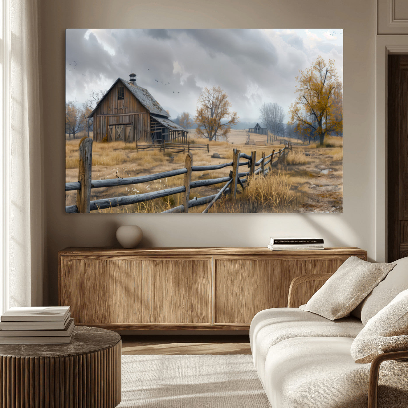 Farm1-MGV-CV-36X24-Rustic Autumn Farmhouse Wall Art Canvas Print – Serene Countryside Scene with Weathered Barn and