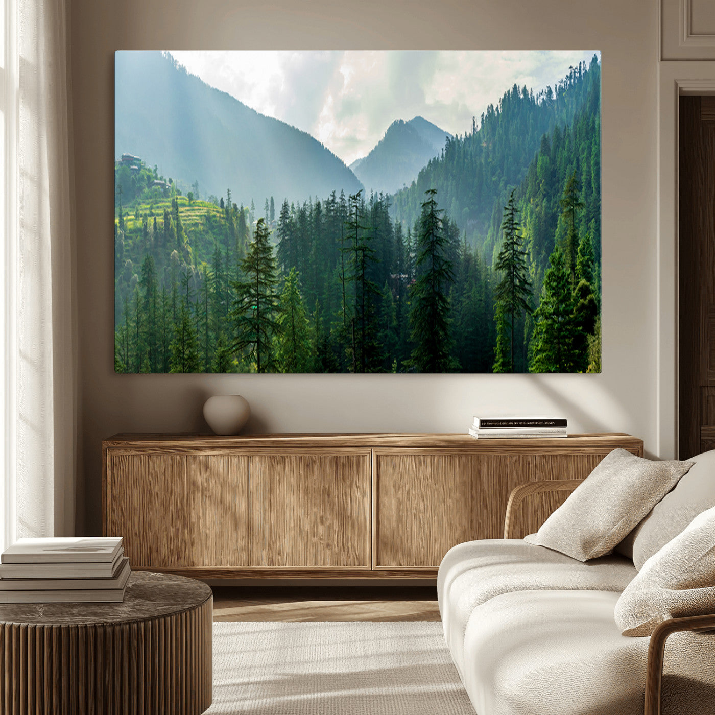 83417191-MGV-CV-36X24-Misty Forest Mountain Wall Art Canvas Print – Framed Serene Nature Scene with Tranquil Valley Artwork for Home, Office