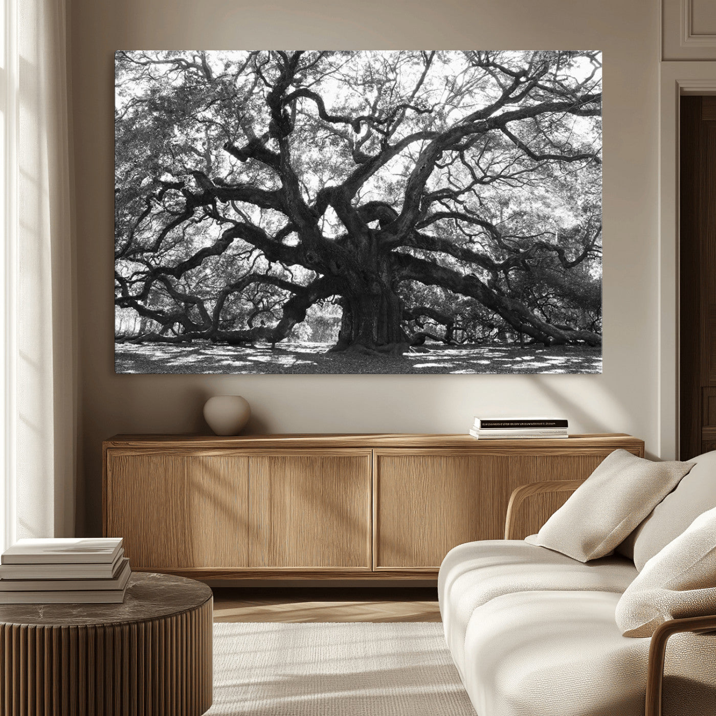 81655611-MGV-CV-36X24-Ancient Oak Wall Art Canvas Print – Gnarled Tree Twisted Branches Dramatic Sky Moody Nature Artwork for Home Office