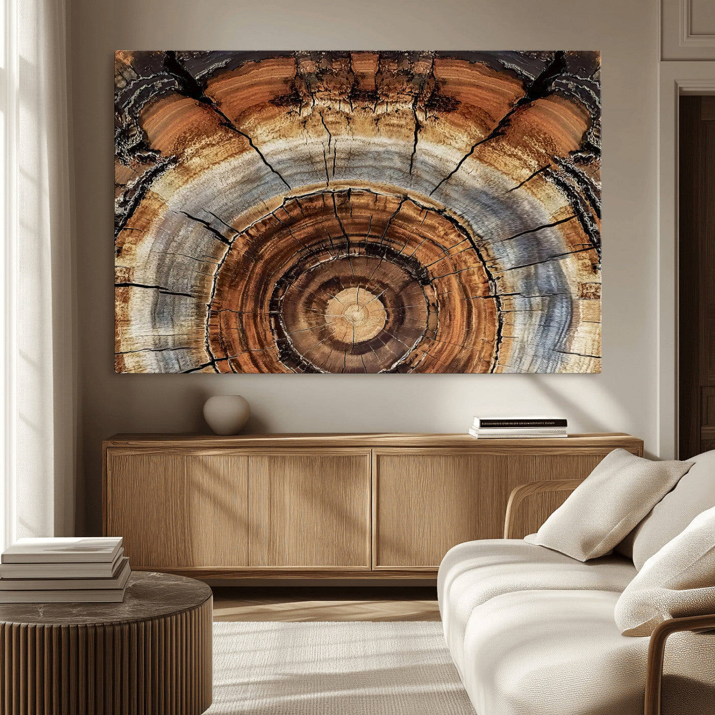 15184146-MGV-CV-36X24-Tree Rings Wall Art Canvas Print – Rustic Wood Texture Natural Grain Organic Pattern Earthy Artwork for Home Office