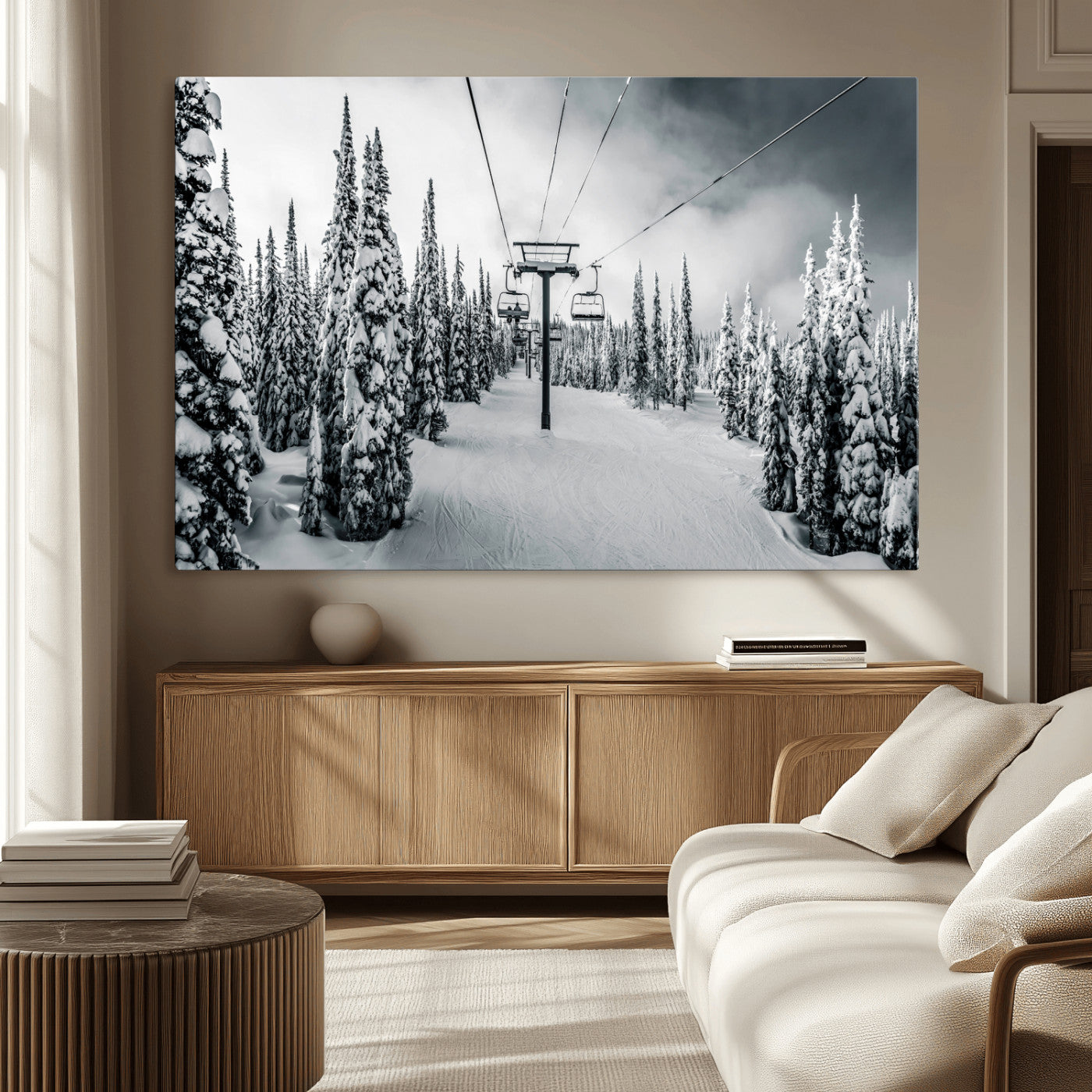 31156828-MGV-CV-36X24-Snowy Pines Wall Art Canvas Print – Framed Ski Lift Winter Forest Snowy Landscape Moody Lodge Artwork for Home, Office