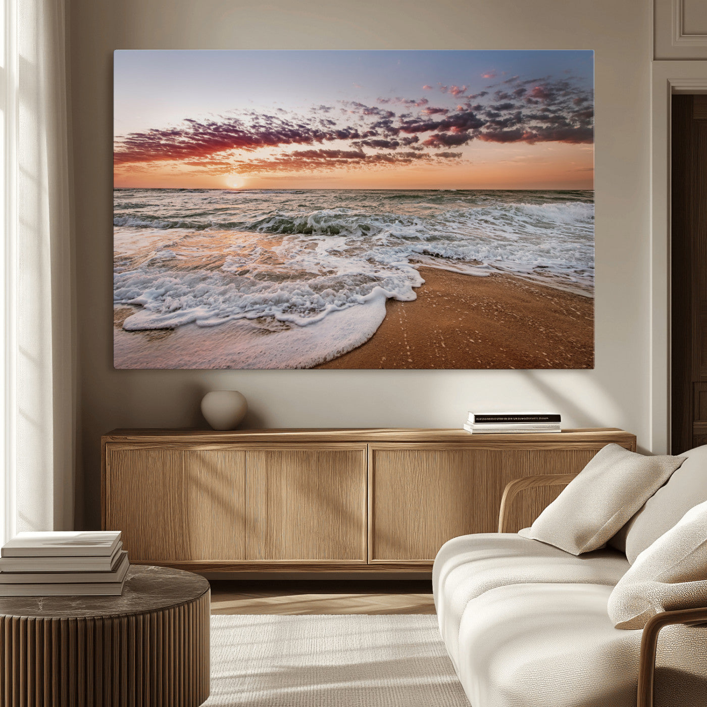 39846389-MGV-CV-36X24-Ocean Sunset Wall Art Canvas Print – Framed Sandy Shore Gentle Waves Coastal Landscape Minimalist Artwork for Home, Office