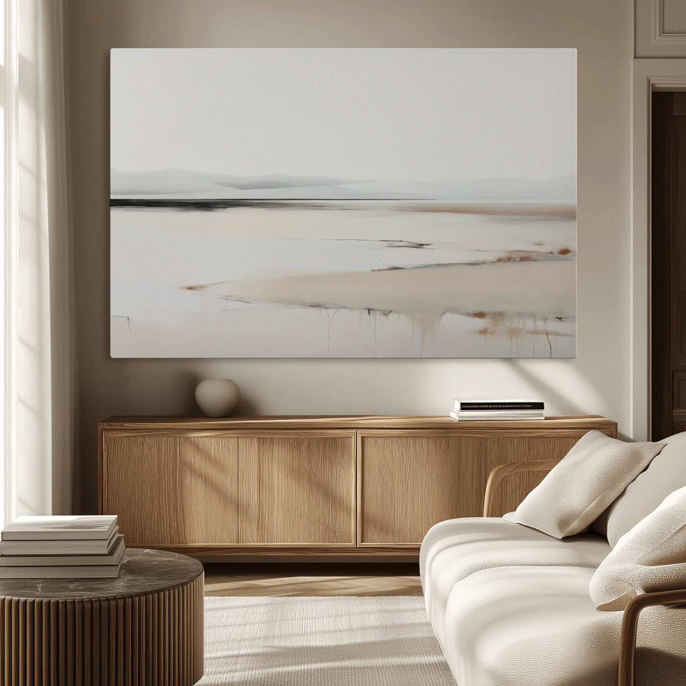 89410095-MGV-CV-36X24-Minimalist Landscape Wall Art Canvas Print – Framed Soft Horizon Abstract Seascape Earthy Tones Artwork for Home Office