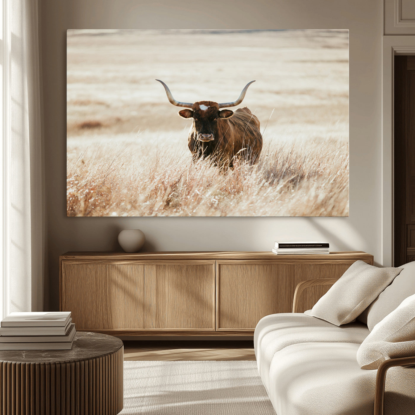 15937933-MGV-CV-36X24-Texas Longhorn Wall Art Canvas Print – Framed Brown Horned Bull Rustic Western Cattle Artwork for Home, Office