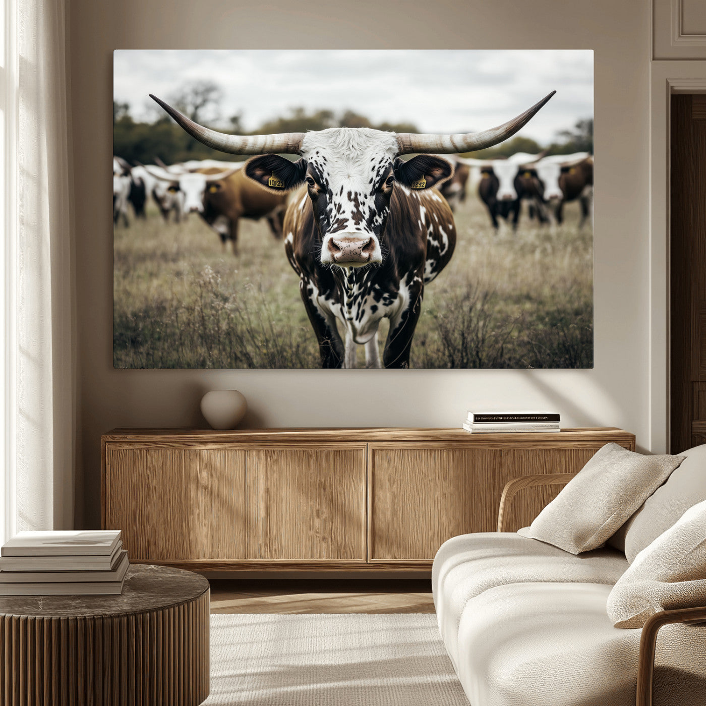 MGV-CV-36X24 - Majestic Longhorn Cow Wall Art – Canvas Print of Intricate Fur & Sharp Horns Earthy Tones Serene Landscape, Rustic Charm Decor for Living Room, Office or Bedroom