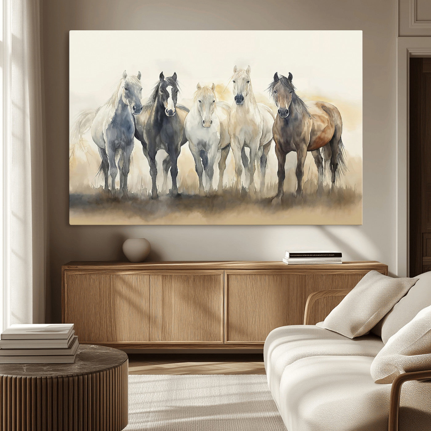 MGV-CV-36X24 - Wild Horses Wall Art Canvas Print, Framed Running Horses Art Picture Print, Watercolor Horses Perfect Rustic Western Decor Artwork
