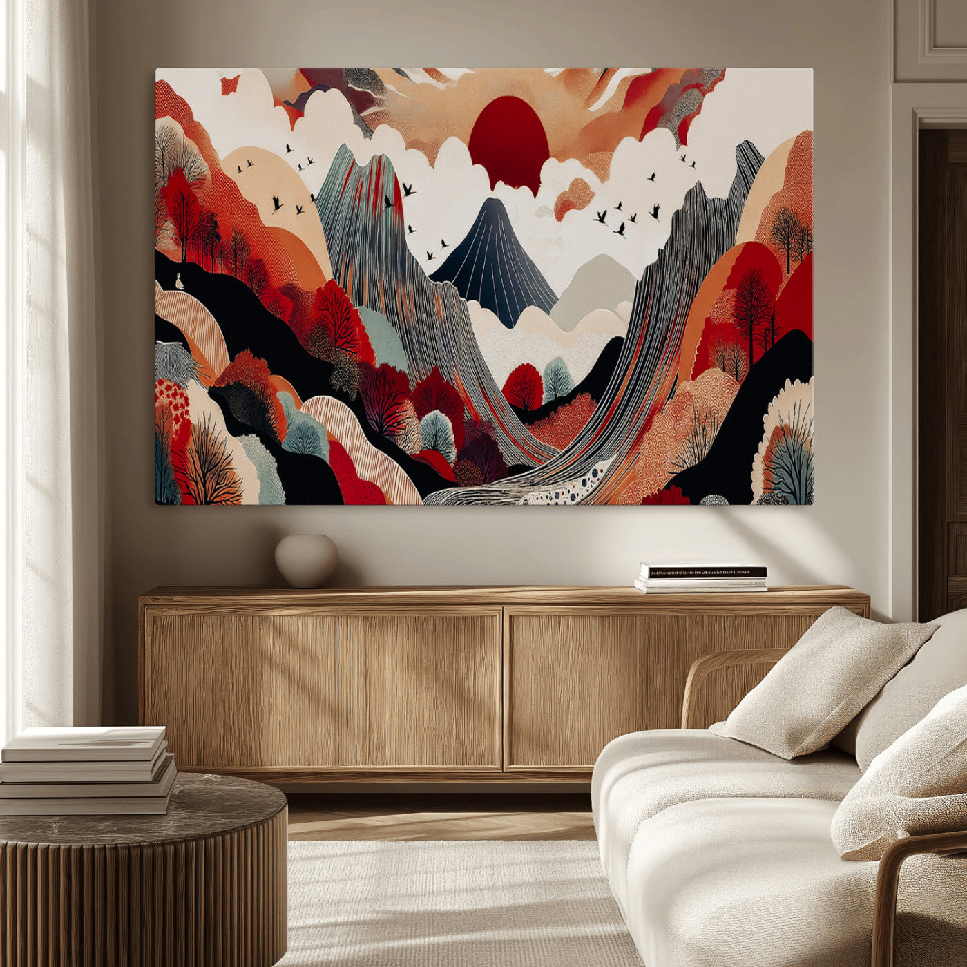 49034575-MGV-CV-36X24-Abstract Mountain Wall Art Canvas Print – Vibrant Stylized Landscape Colorful Peaks Nature Artwork for Home Office