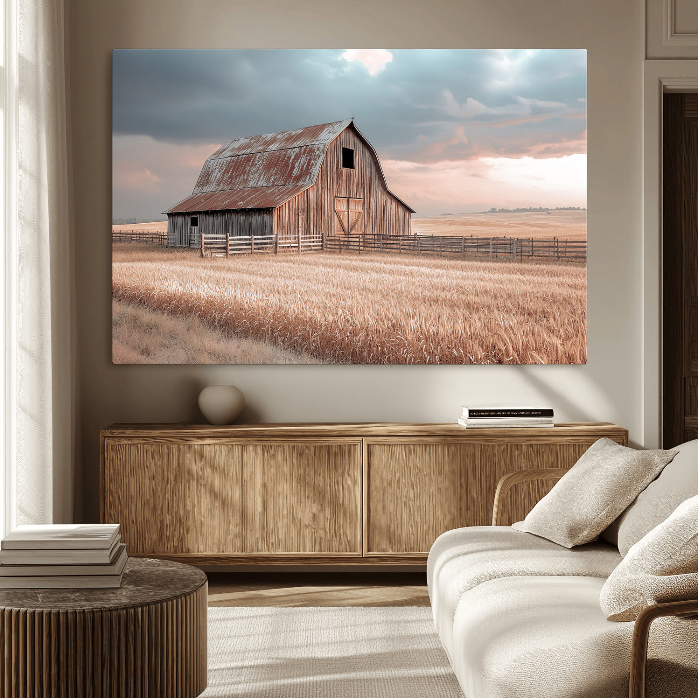 36878364-MGV-CV-36X24-Rustic Barn Wall Art Canvas Print – Framed Wheat Field Scene with Sunset Barn Artwork for Home, Office, Living Room