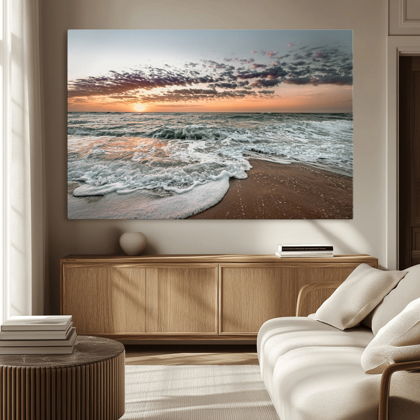 40632752-MGV-CV-36X24-Ocean Sunset Wall Art Canvas Print – Framed Beach Waves Scene with Coastal Artwork for Home, Office, Living Room