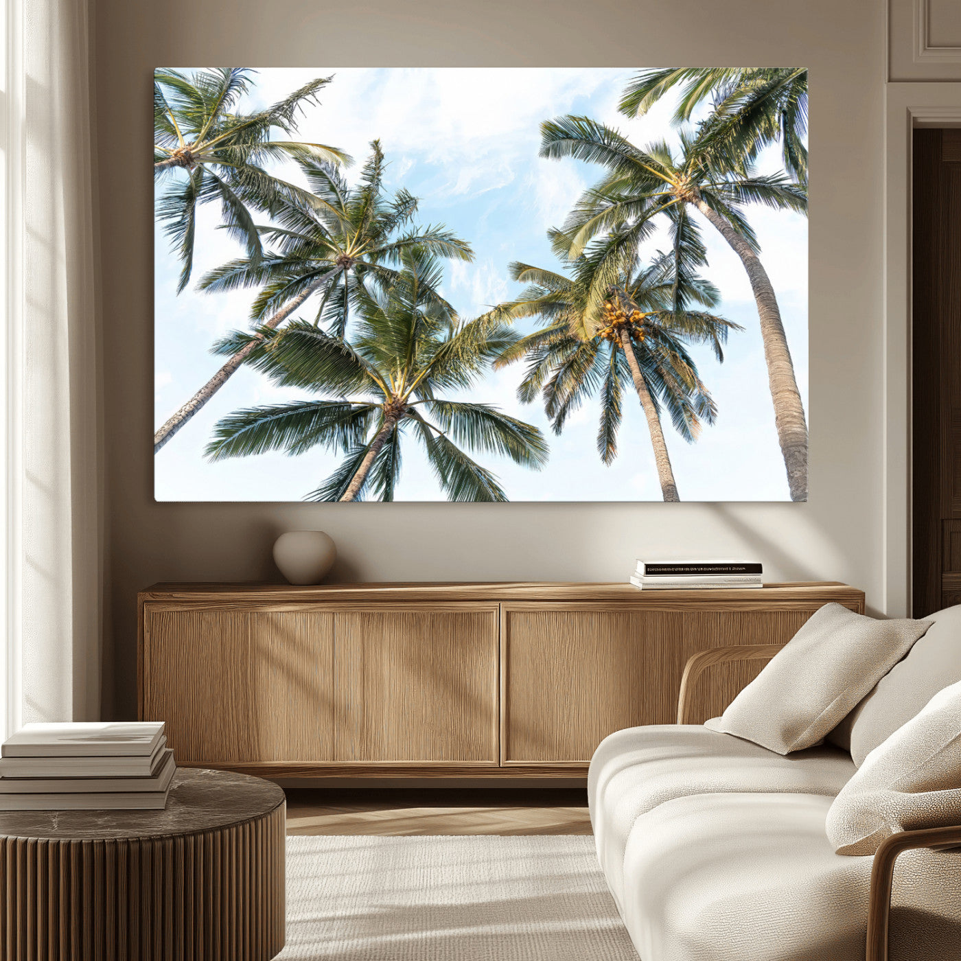 87247012-MGV-CV-36X24 - Tropical Palm Trees Wall Art – Sunlit Leaves & Blue Sky Canvas Print, Island Breeze and Vacation Vibes for Office or Home Decor