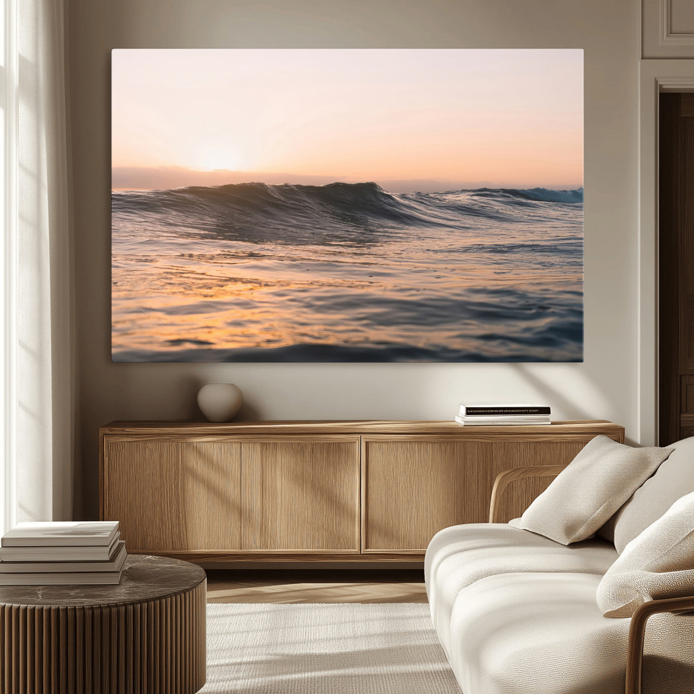 46299358-MGV-CV-36X24 - Golden Sunset Ocean Wall Art – Tranquil Waves & Peaceful Horizon Canvas Print, Soft Light and Evening Glow for Serene Beach, Home or Nature Decor