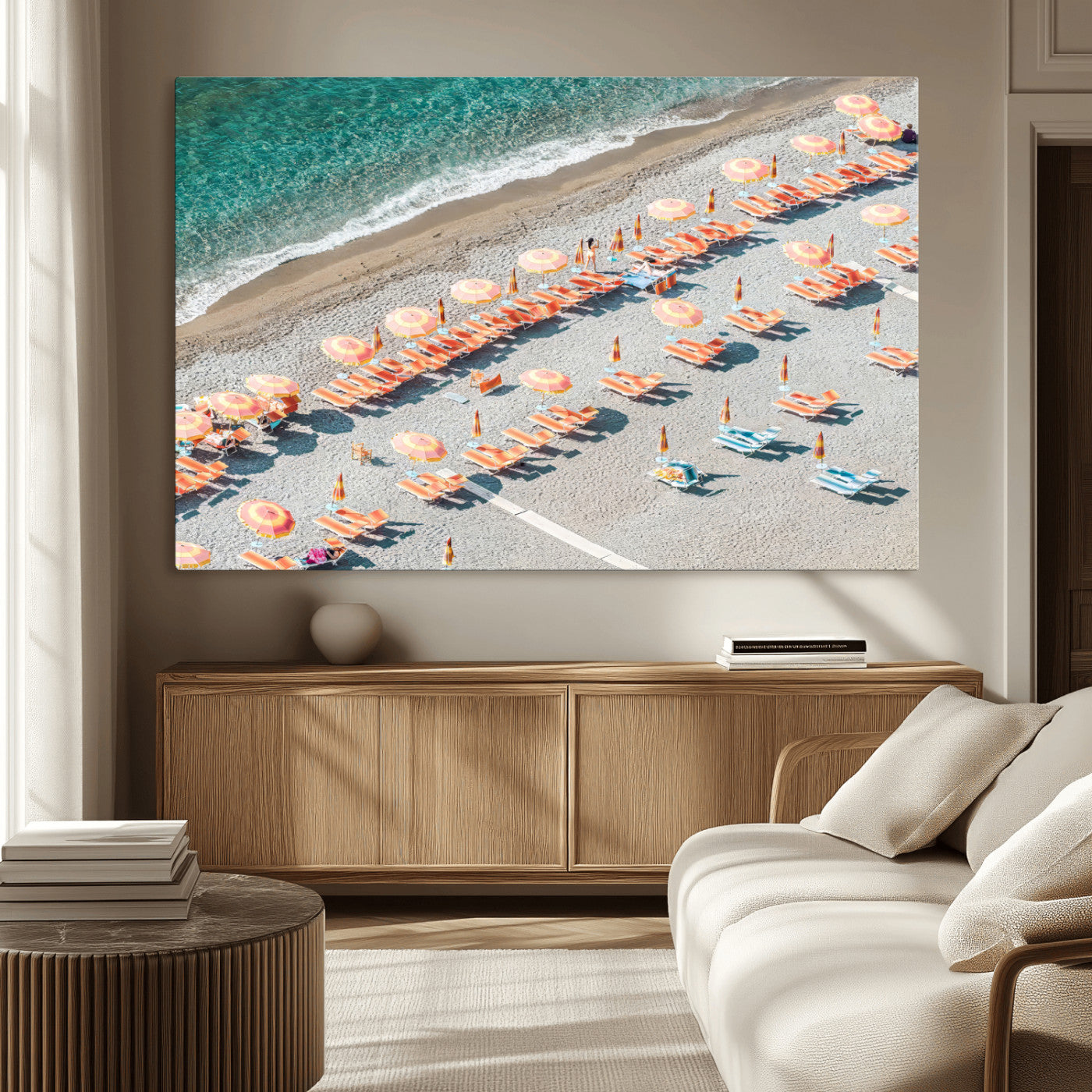 27805351-MGV-CV-36X24 - Beach Umbrellas Wall Art – Orange Loungers & Turquoise Water Canvas Print, Sandy Shore and Summer Vibes