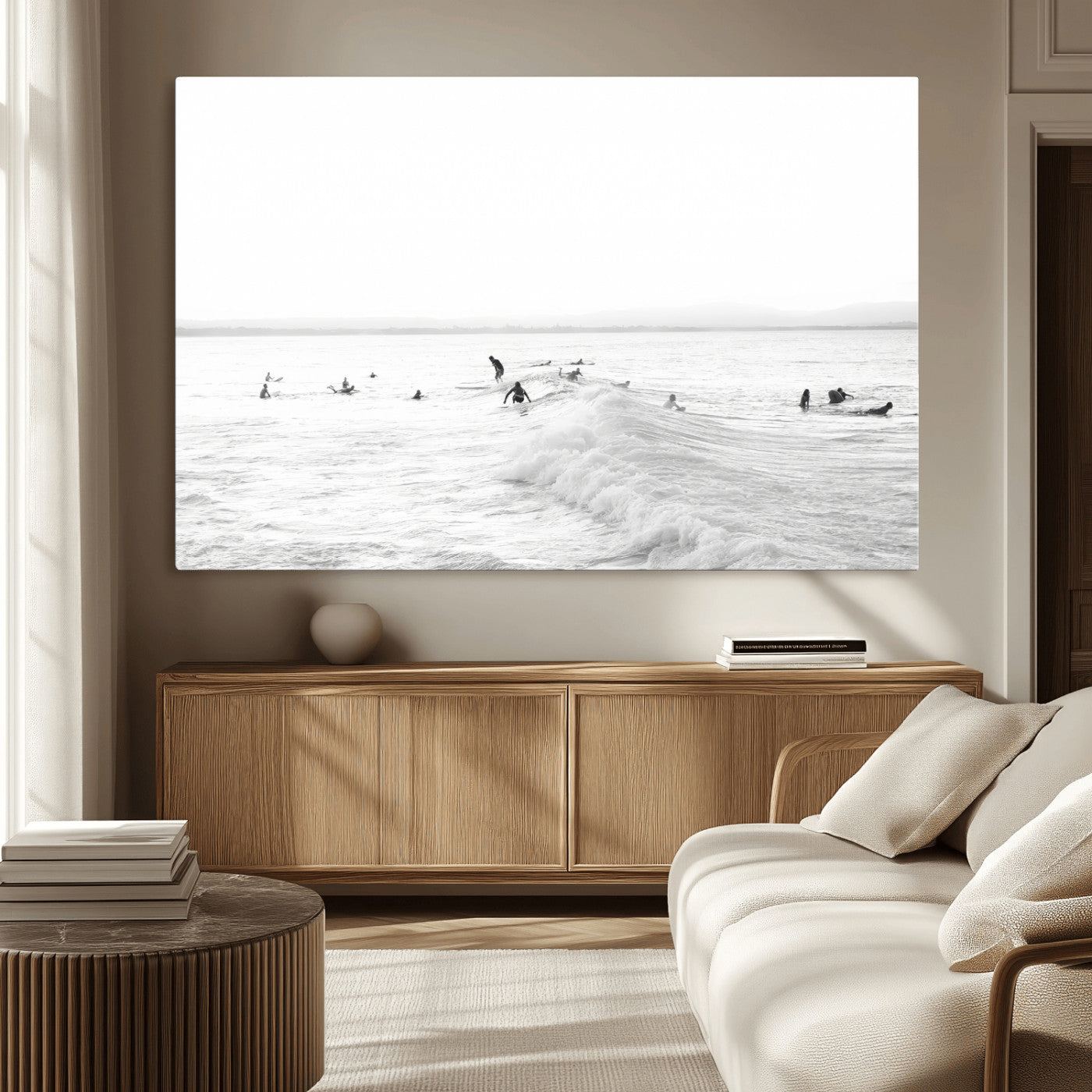 33449548-MGV-CV-36X24 - Surf Crowd Motion Wall Art – Active Surfers & Ocean Waves Canvas Print, Dynamic Water and Coastal Horizon for Living Room or Sea Adventure Decor