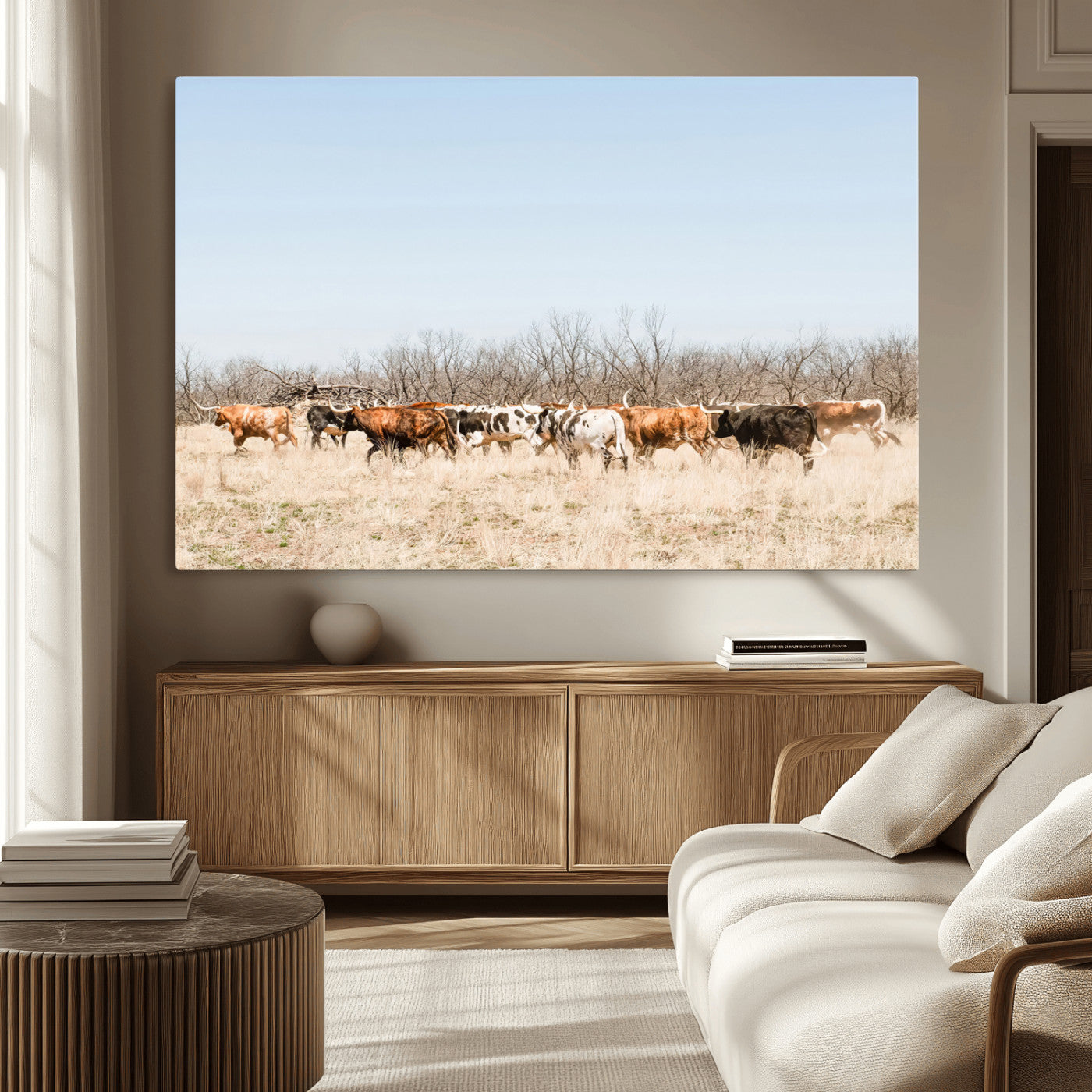 16563092-MGV-CV-36X24-Texas Longhorns Wall Art Canvas Print – Framed Western Cattle Rustic Herd Farmhouse Country Animal Artwork for Home Office