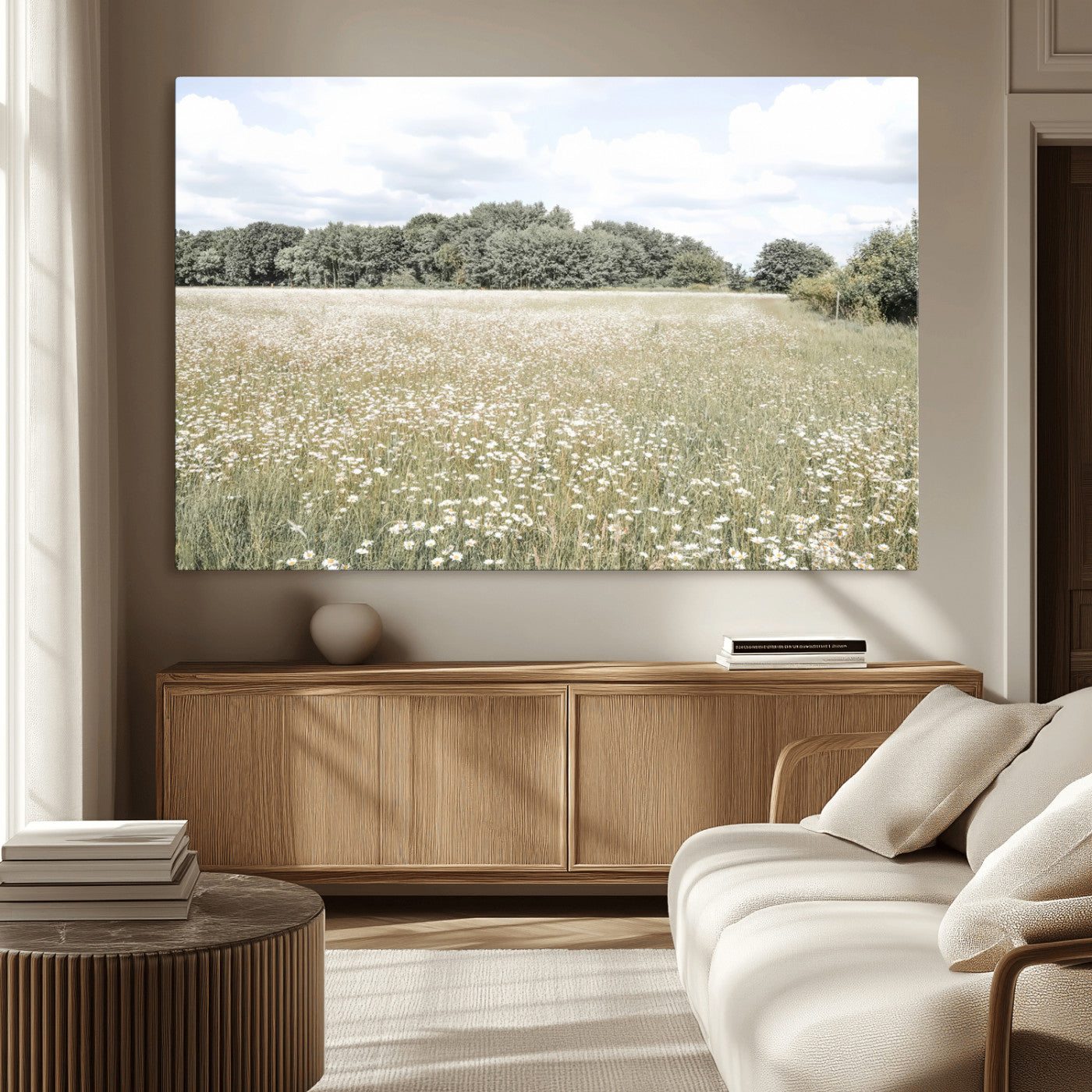 43258946-MGV-CV-36X24-Charming Daisy Field Wall Art Canvas Print – Framed Pastel Flower Meadow Bloom Scandinavian Minimal Artwork for Home Office