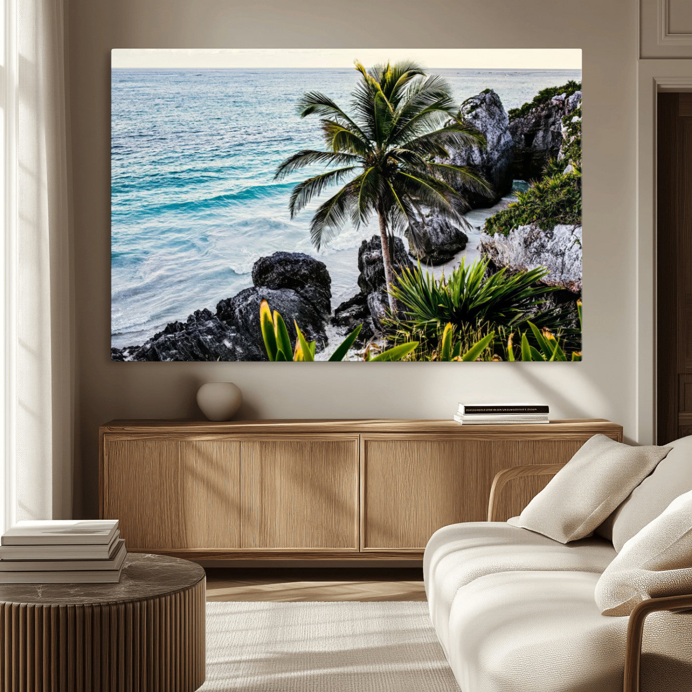 94669907-MGV-CV-36X24 - Tropical Palm Wall Art – Coastal Rocks Canvas Print, Ocean Breeze, Sandy Shore, Vibrant Green Foliage for Living Room or Beach House Decor