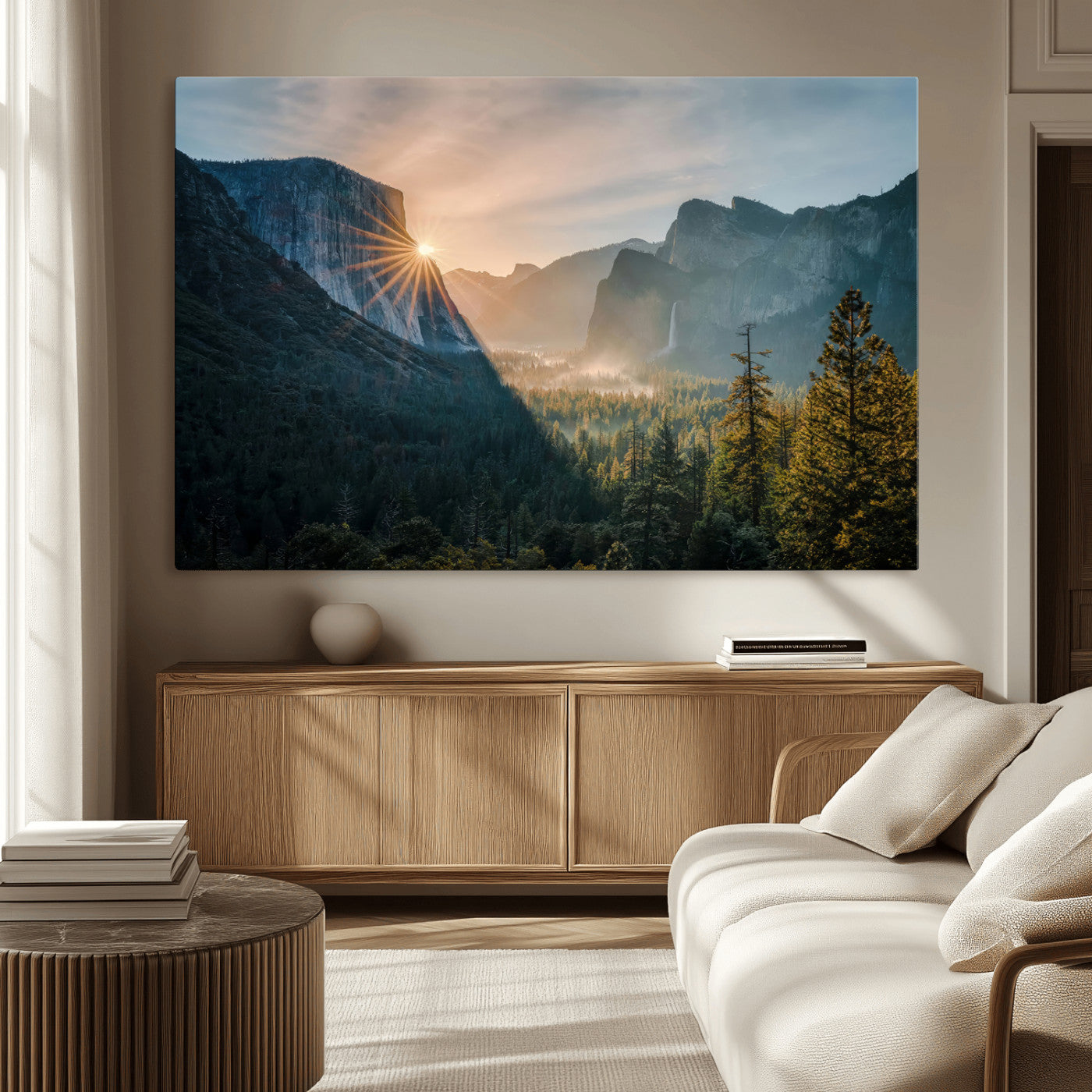 51605481-MGV-CV-36X24 - Yosemite Valley Wall Art – Misty Forest Peaks Canvas Print, Radiant Light, Tranquil Nature Landscape for Living Room or Cabin Decor