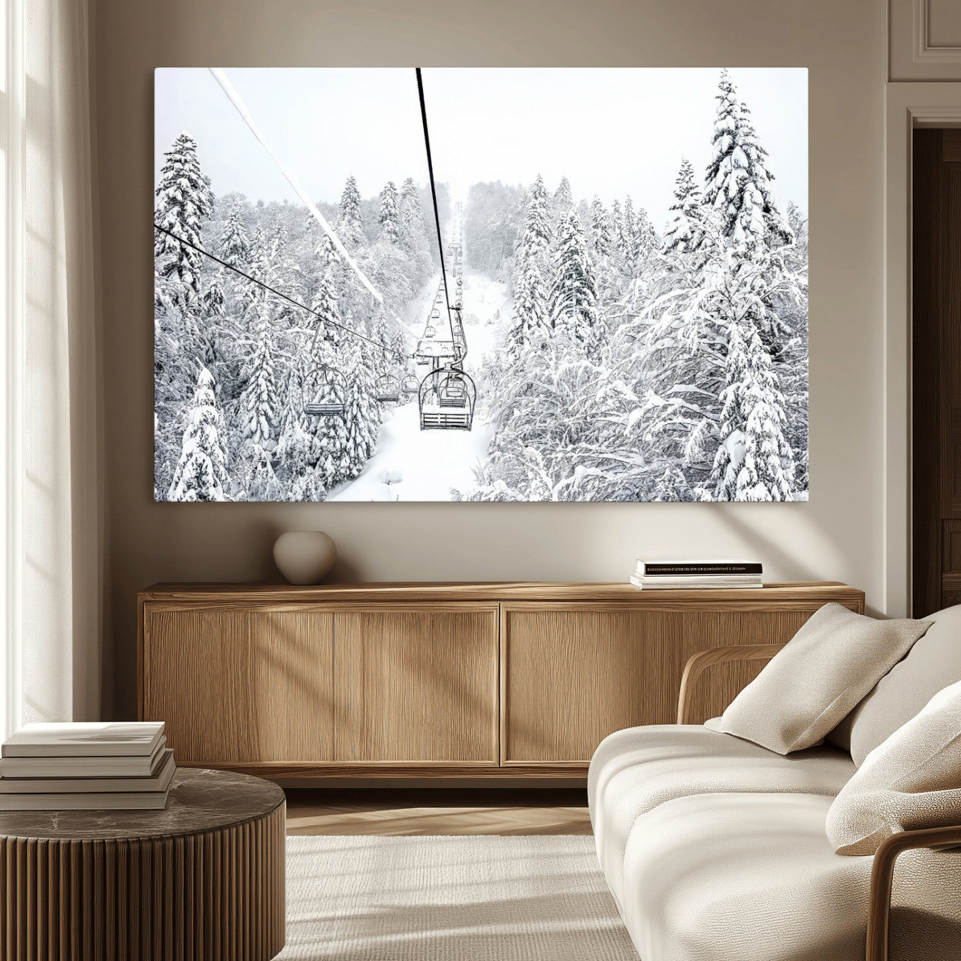 44705668-MGV-CV-36X24-Snowy Ski Lift Wall Art – Framed Winter Mountain Canvas Artwork, Serene Forest Design, Modern Nature Decor for Home, Office