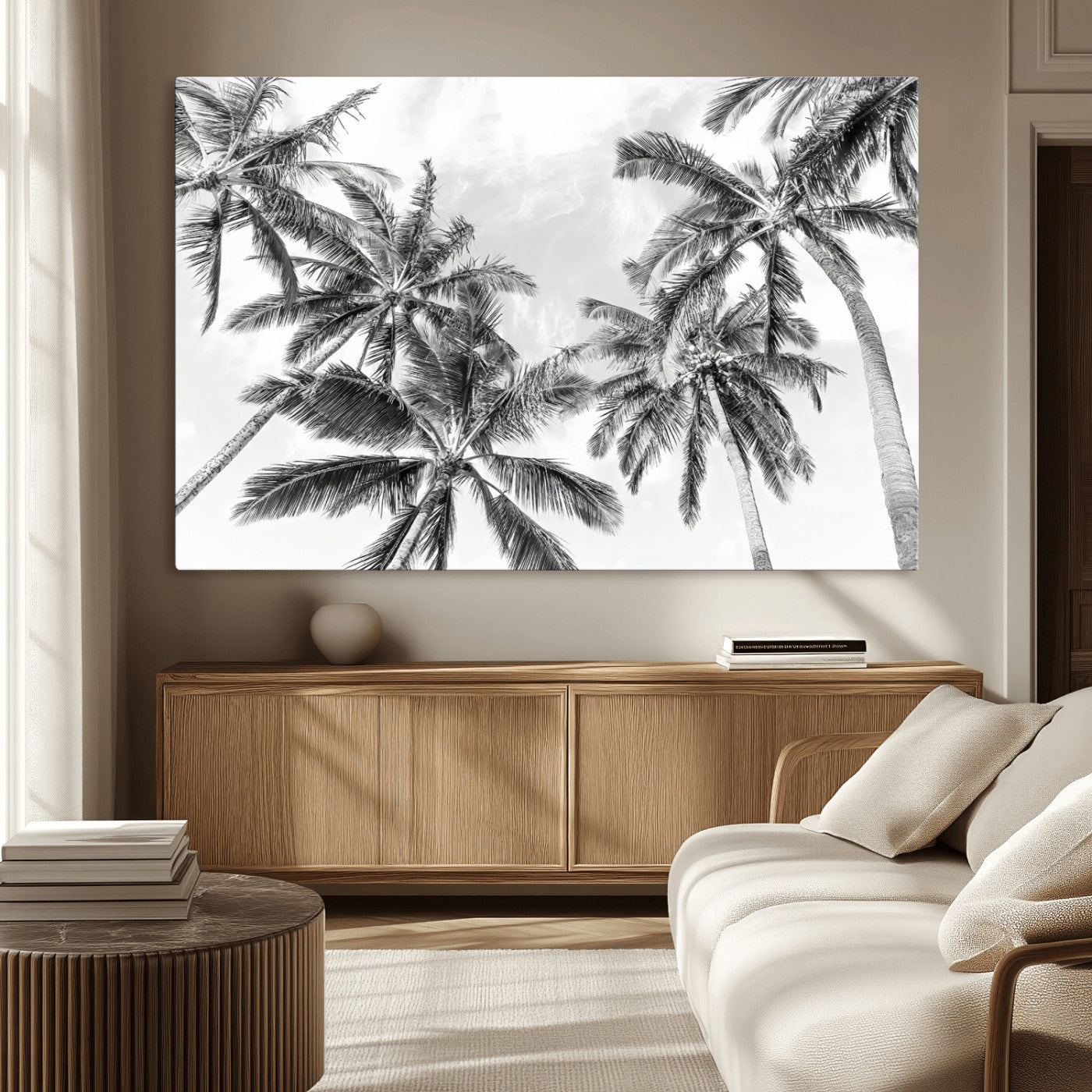 62113786-MGV-CV-36X24-Black and White Palm Wall Art Canvas Print – Monochrome Tropical Beach Minimalist Coastal Artwork for Home, Office