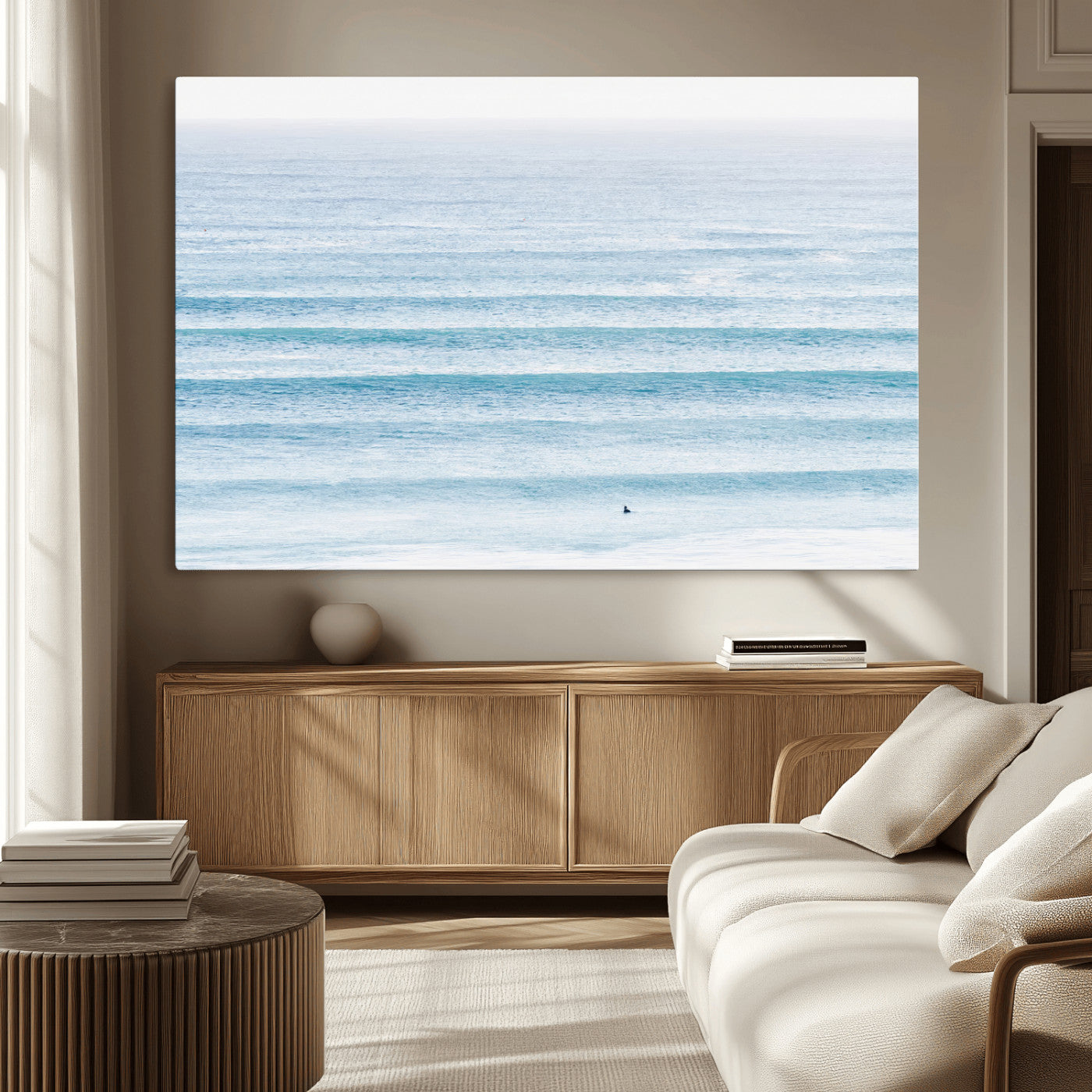 MGV-CV-36X24 - Ocean Simplicity Wall Art Canvas Print, Framed Surfer on Water Art Picture Print, Light Blue Perfect Coastal Minimalist Decor Artwork