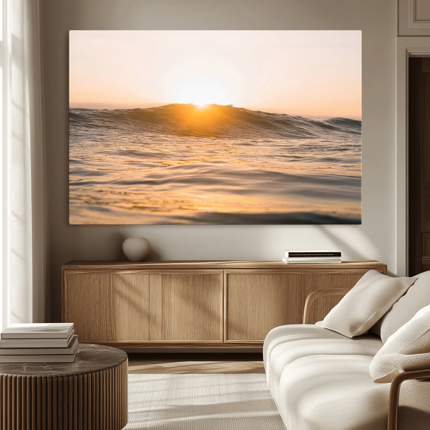 16973771-MGV-CV-36X24-Calm Water Wall Art – Framed Sunset Waves Canvas Artwork, Coastal Warm Design, Minimal Ocean Decor for Home, Office