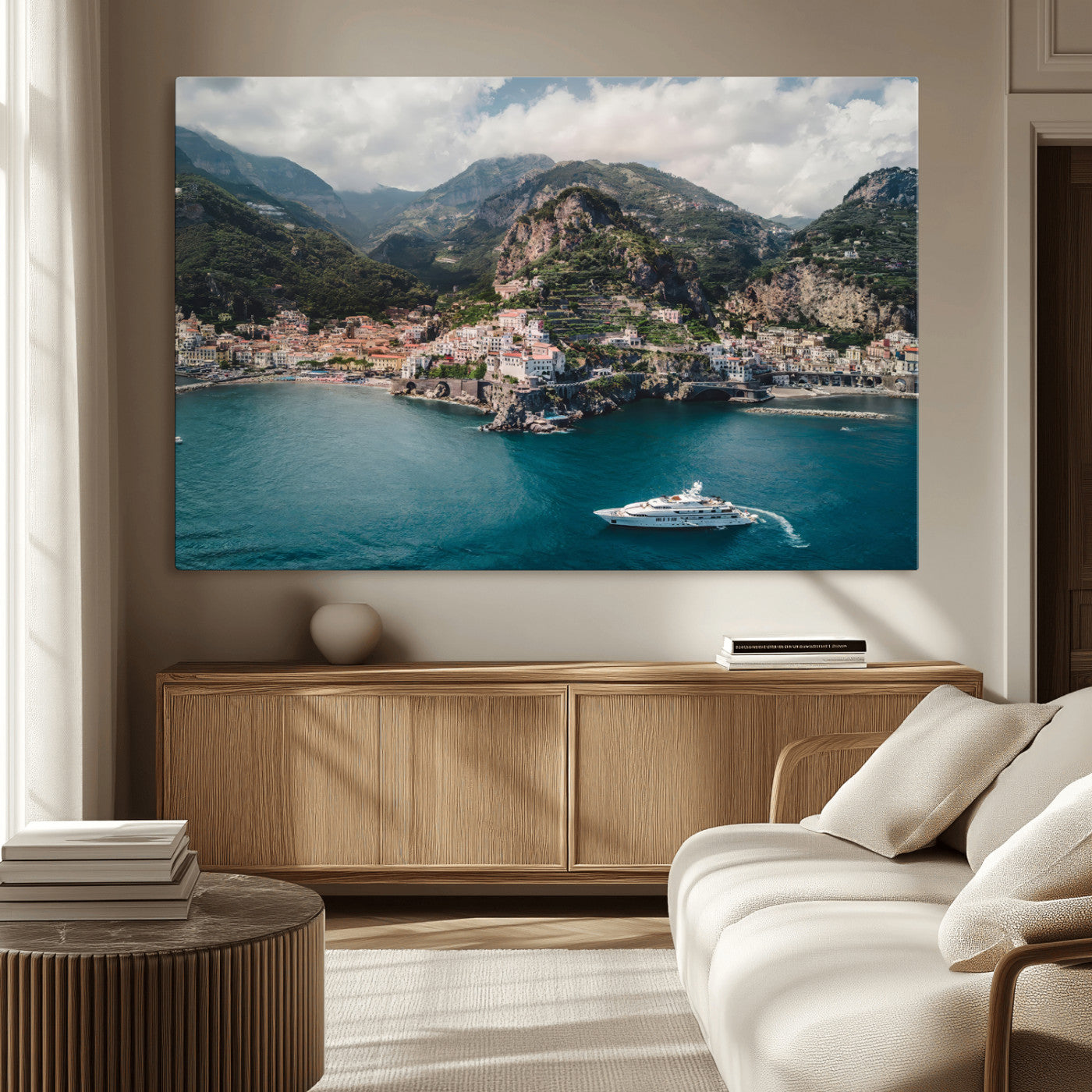 20321590-MGV-CV-36X24-Amalfi Coast Wall Art – Framed Italian Seaside Canvas Artwork, Mediterranean Landscape Design, Coastal Decor for Home, Office