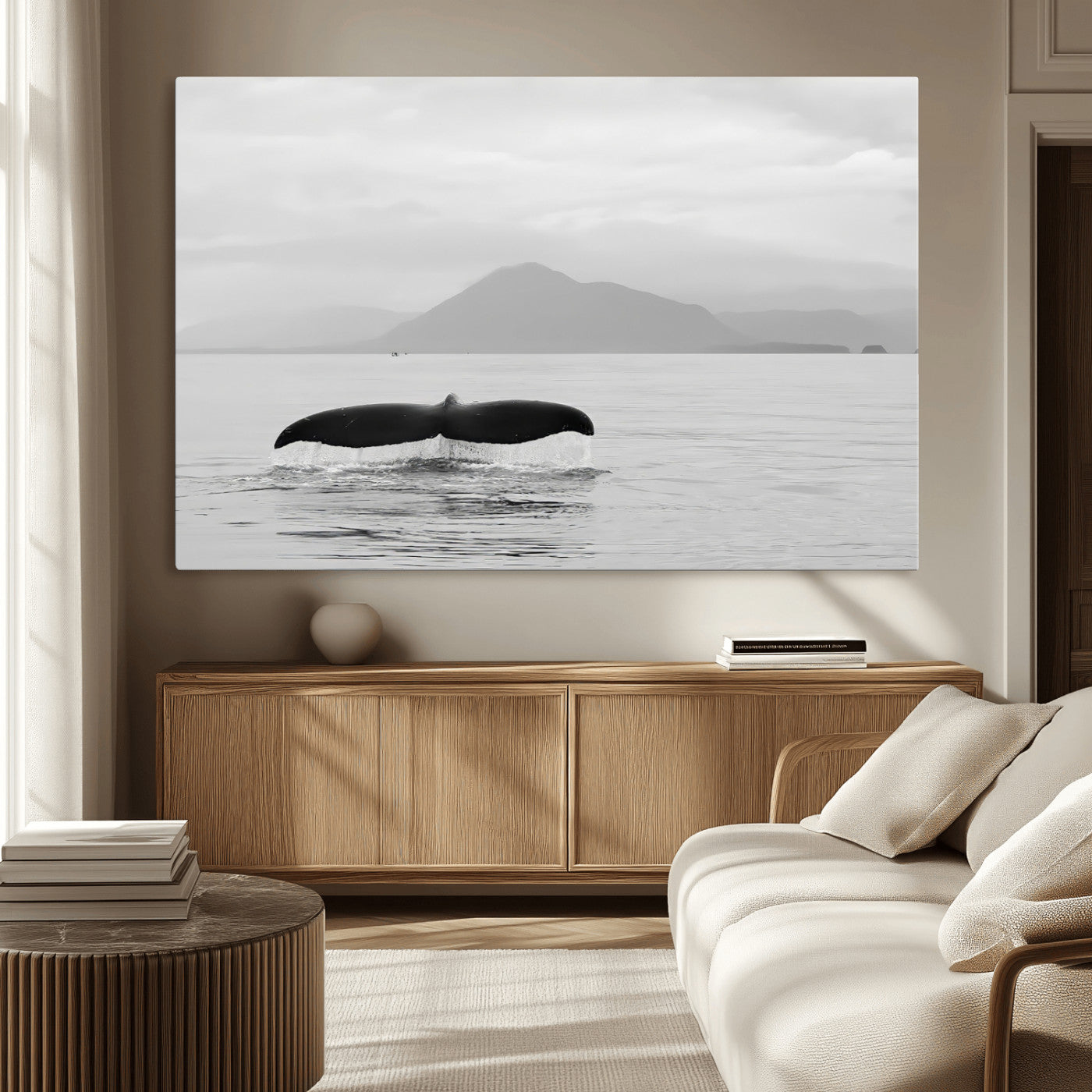 MGV-CV-36X24 - Whale Tail Wall Art Canvas Print, Framed Black White Ocean Art Picture Print, Calm Marine Perfect Minimalist Coastal Decor Artwork