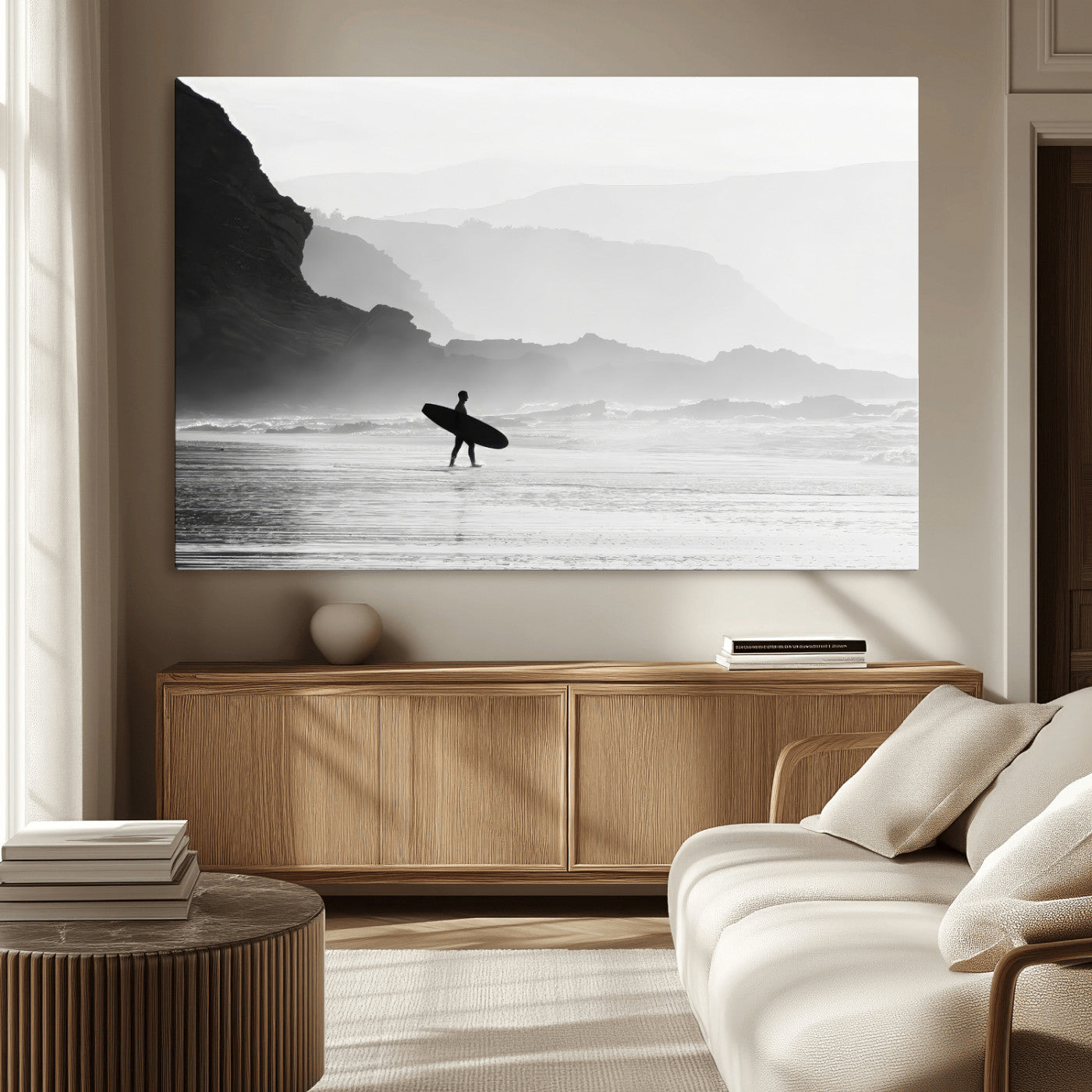 MGV-CV-36X24 - Surfer In Fog Wall Art Canvas Print, Framed Moody Shoreline Art Picture Print, Cliffside Waves Perfect Minimalist Coastal Decor Artwork