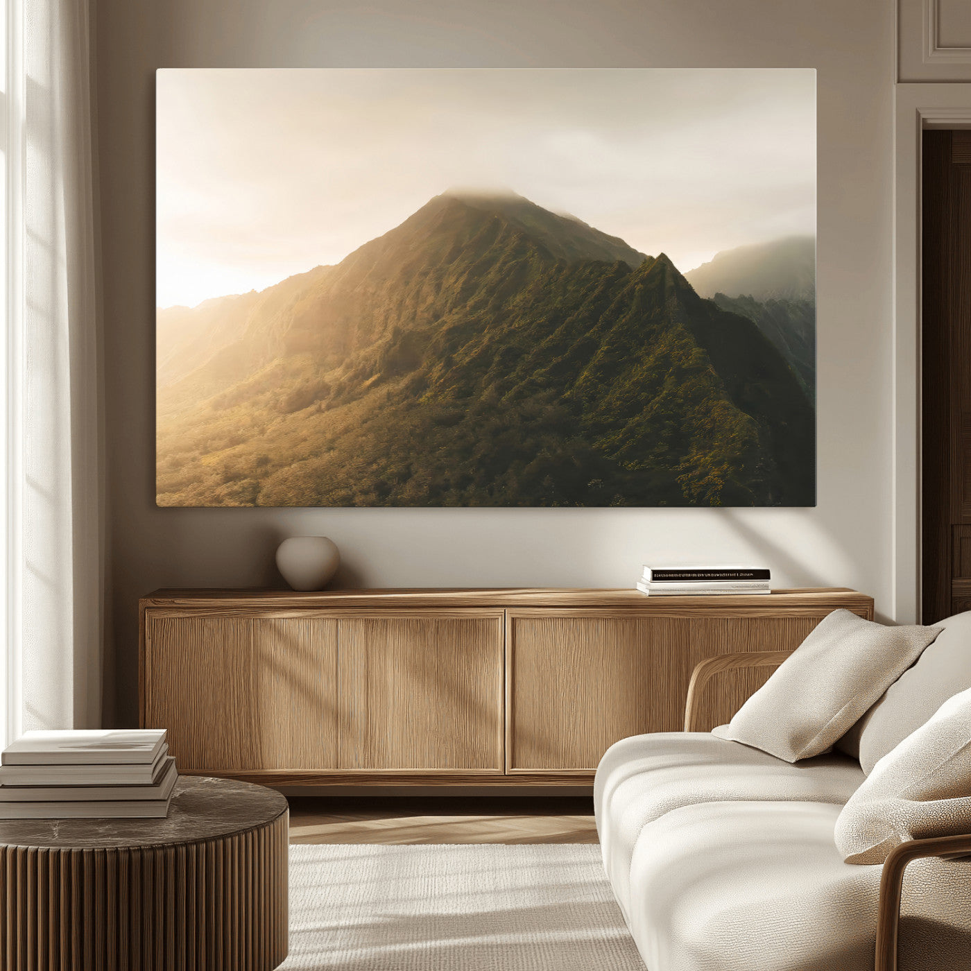 42338636-MGV-CV-36X24-Mountain Wall Art – Framed Sunset Landscape Canvas Artwork, Serene Nature Design, Rustic Decor for Home, Office