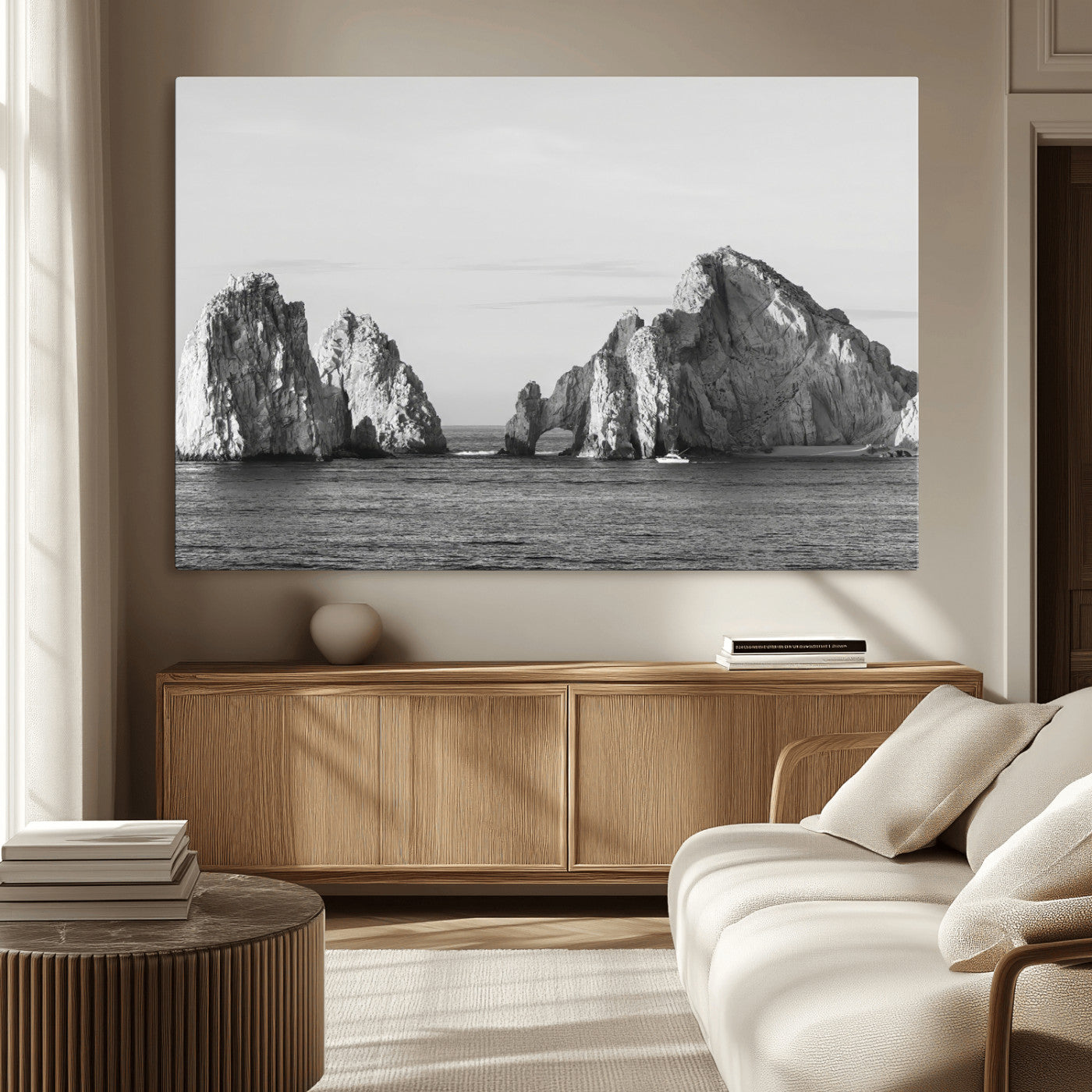 MGV-CV-36X24 - Rugged Coastline Wall Art Canvas Print, Framed Ocean Cliffs Art Picture Print, Monochrome Seascape Perfect Coastal Minimalist Decor Artwork