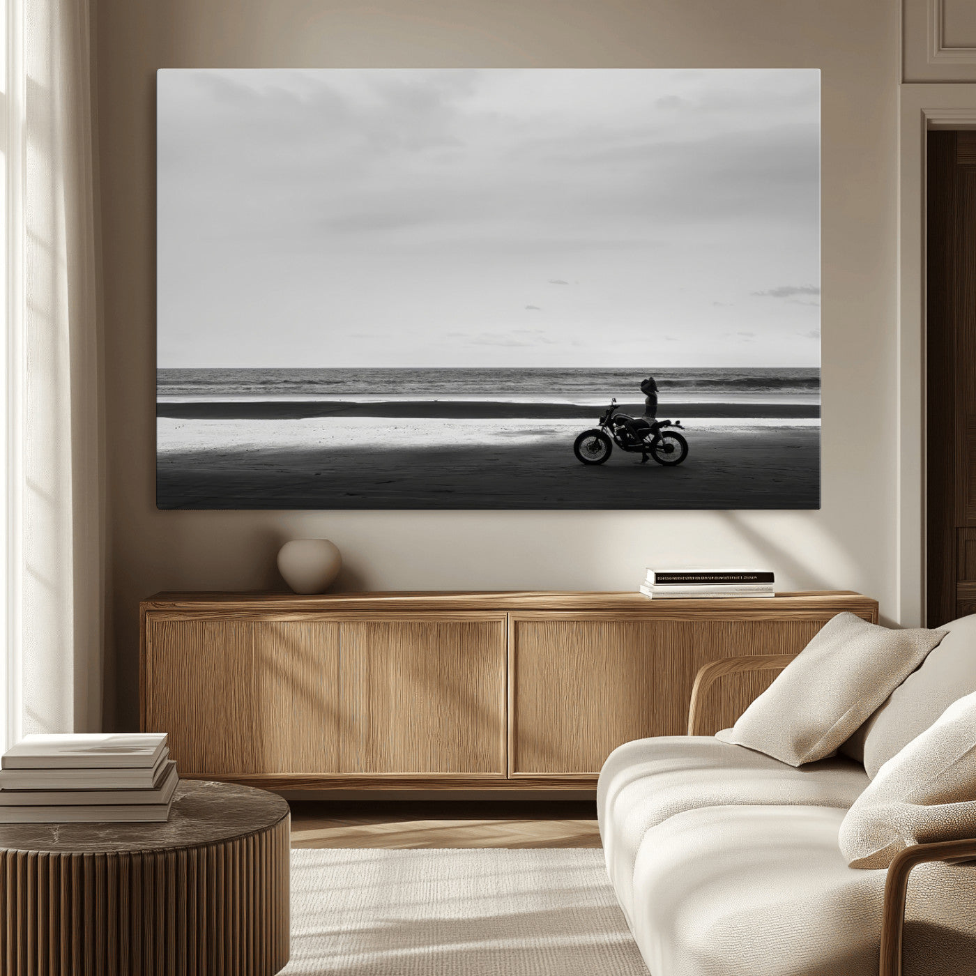 84739358-MGV-CV-36X24-Motorcycle Beach Wall Art Canvas Print – Framed Vintage Motorcycle Scene with Biker Silhouette Artwork for Home, Office