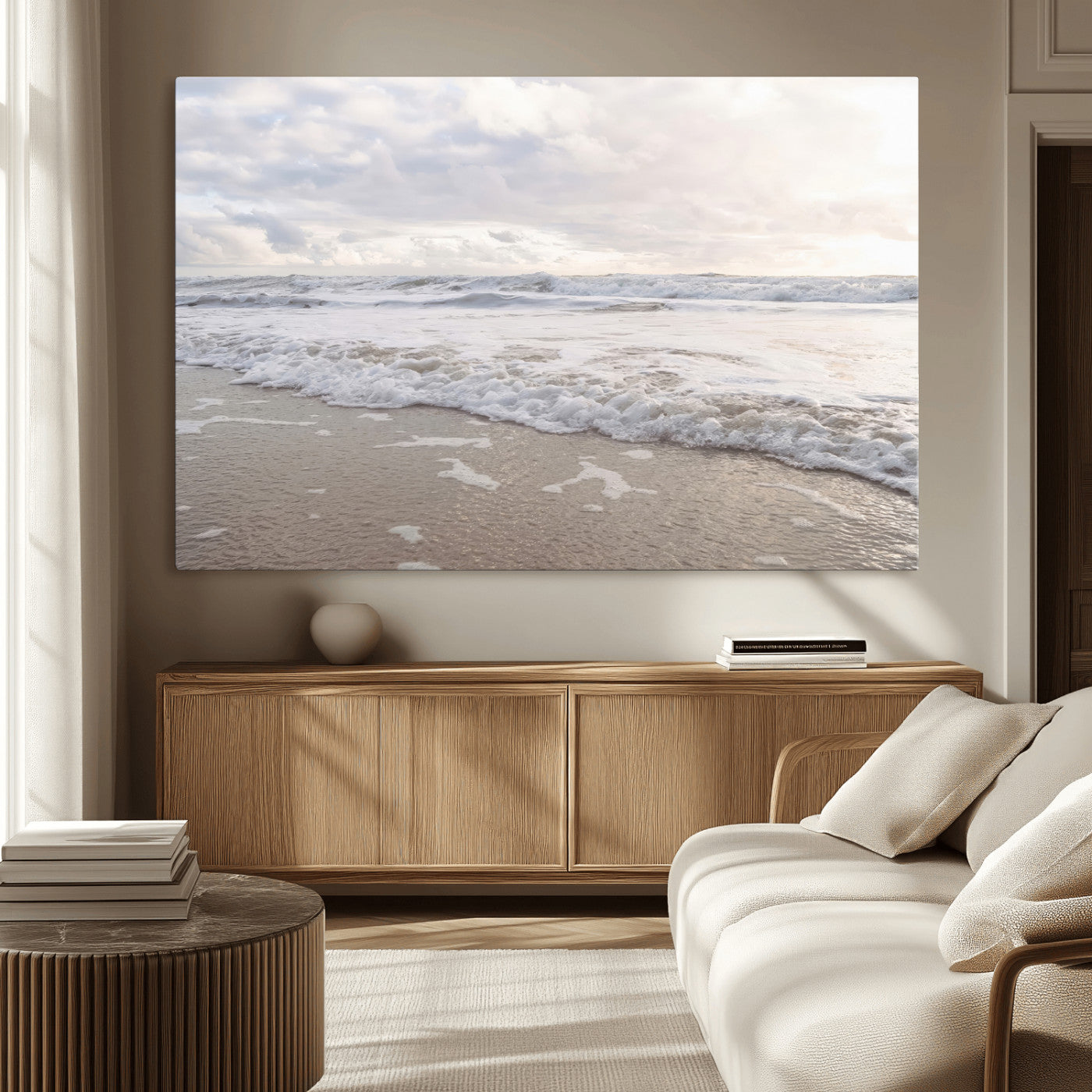 70596264-MGV-CV-36X24-Ocean Waves Wall Art Canvas Print – Framed Coastal Shoreline Scene with Sea Foam Artwork for Home, Office