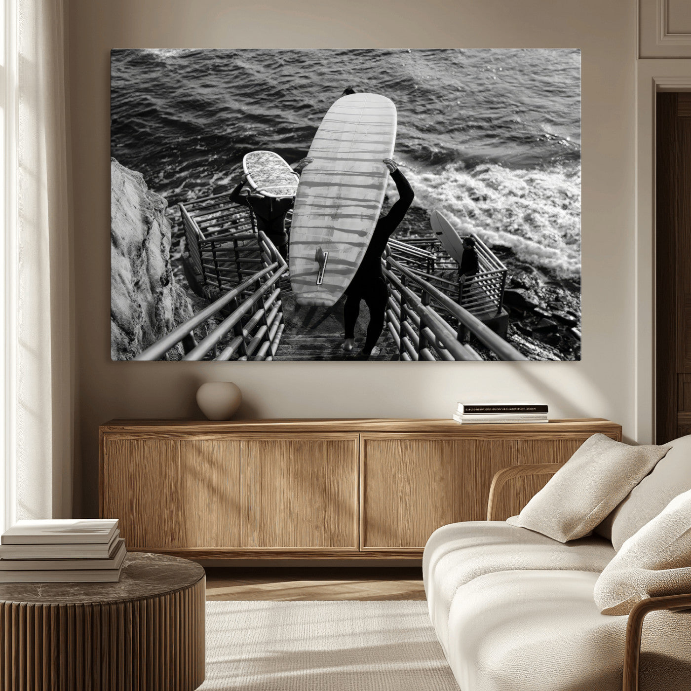 32353707-MGV-CV-36X24-Black and White Surfing Wall Art Canvas Print – Framed Coastal Wave Riders Adventure Artwork for Home, Office