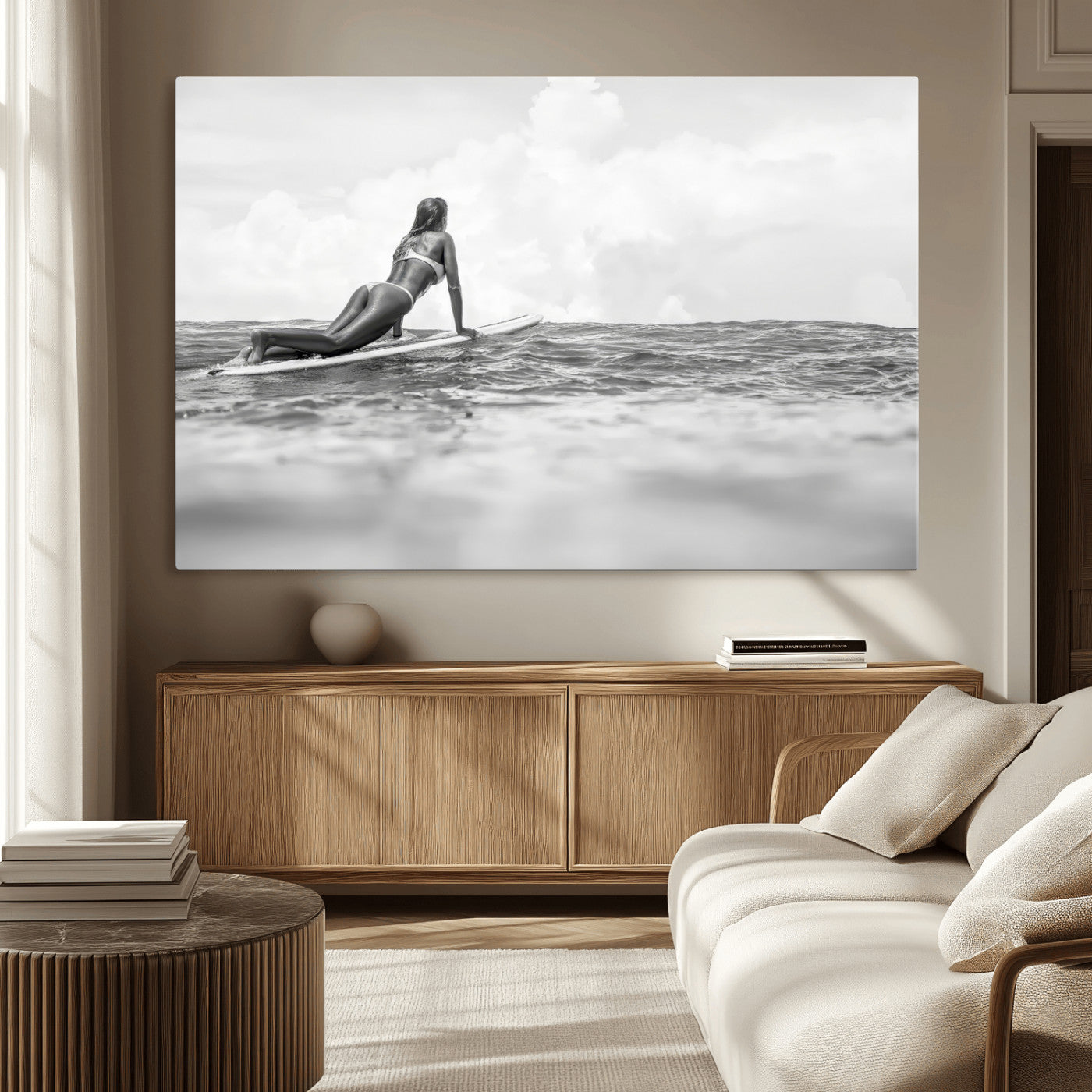 69798068-MGV-CV-36X24-Black and White Surfing Wall Art Canvas Print – Framed Ocean Horizon with Surfer Girl Coastal Adventure Artwork for Home, Office
